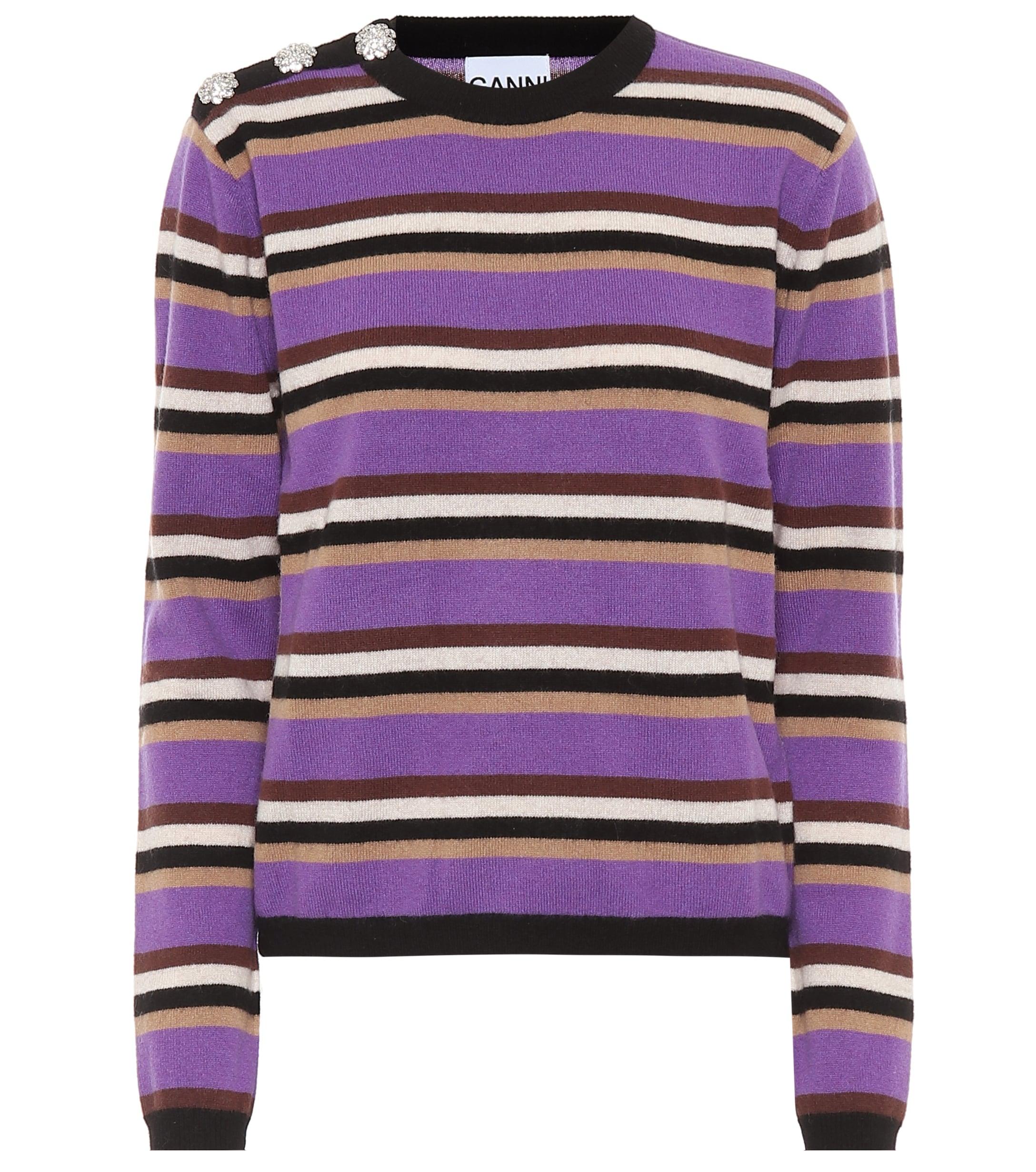 Ganni Embellished Striped Cashmere Sweater in Purple - Lyst