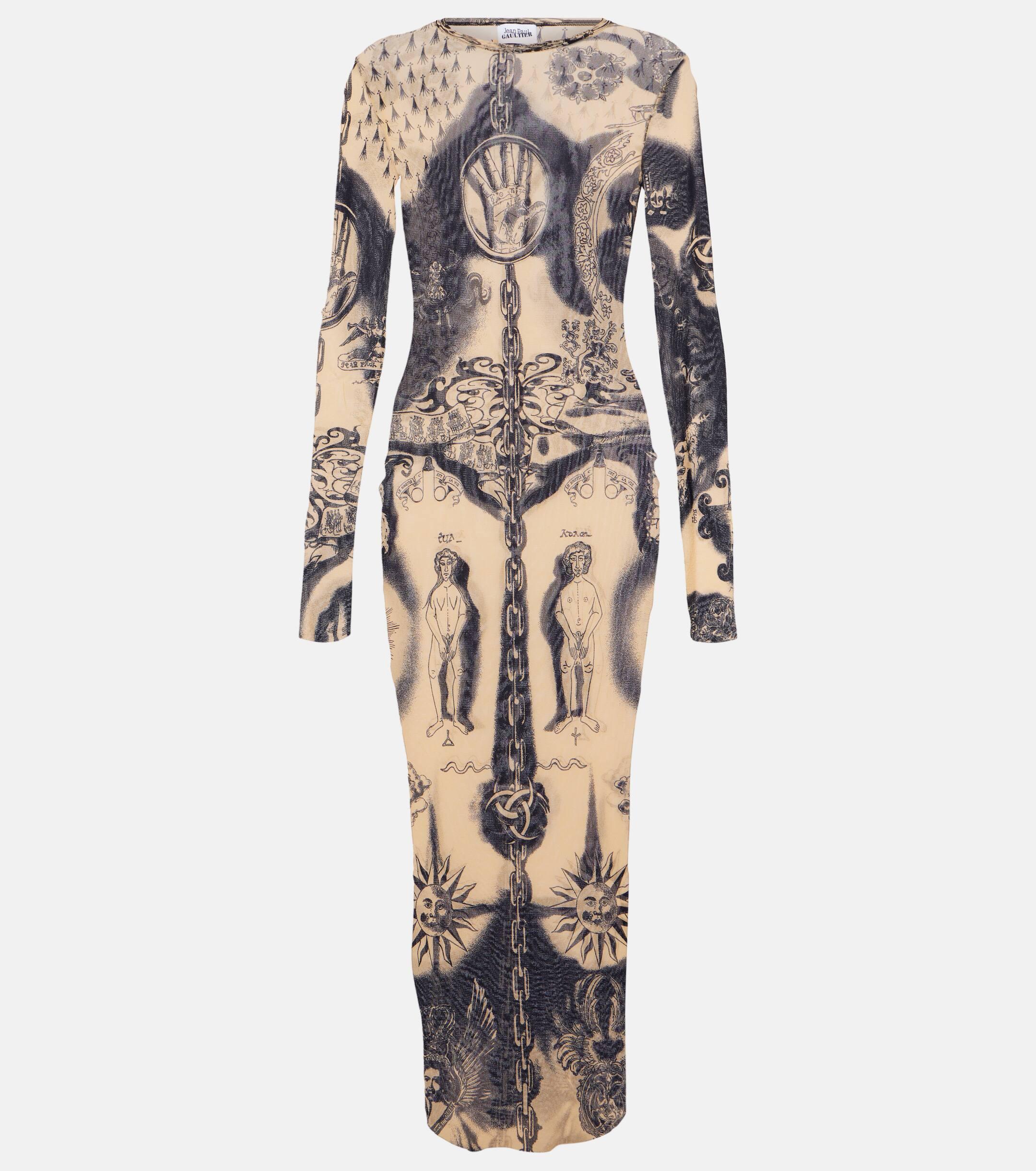 Jean Paul Gaultier Tattoo Print Long Sleeve Midi Dress in