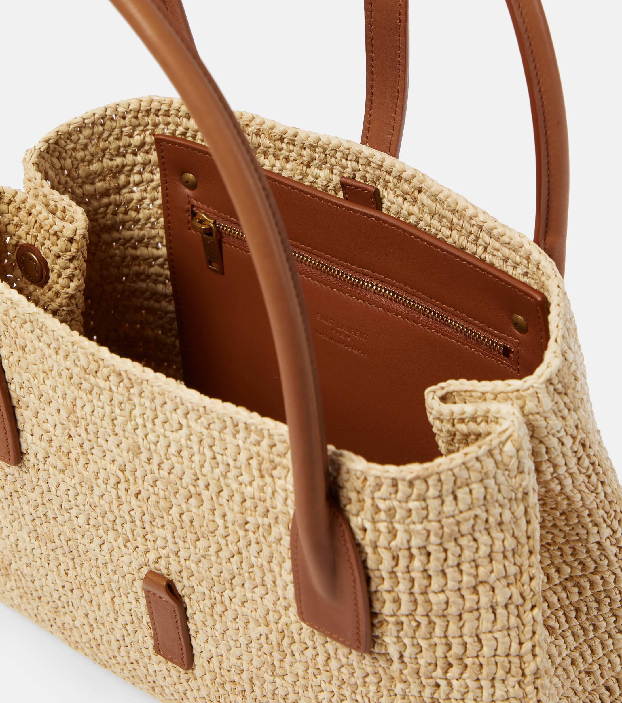 Saint Laurent Panier Rectangle Leather-Trimmed Raffia Tote Bag in
