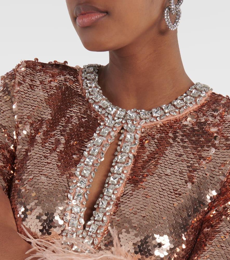 Self-Portrait Sequined Feather-Trimmed Gown in Brown | Lyst Self-Portrait Sequined Feather-Trimmed Gown in Brown | Lyst