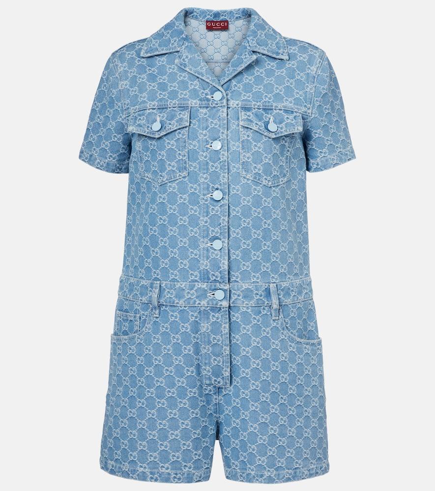 Gucci Gg Denim Jacquard Romper in Blue | Lyst
