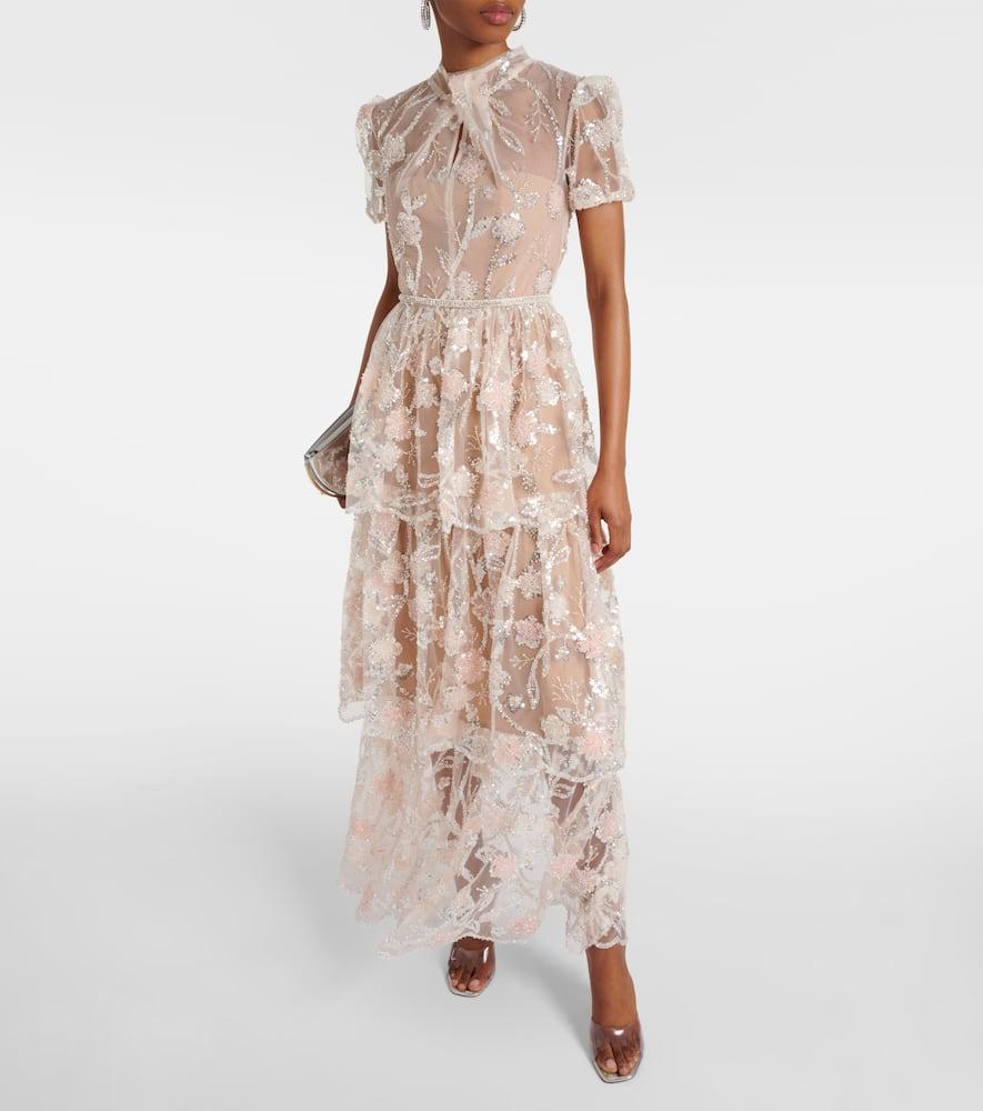 Self-Portrait Floral Sequined Mesh Maxi Dress in Natural Lyst