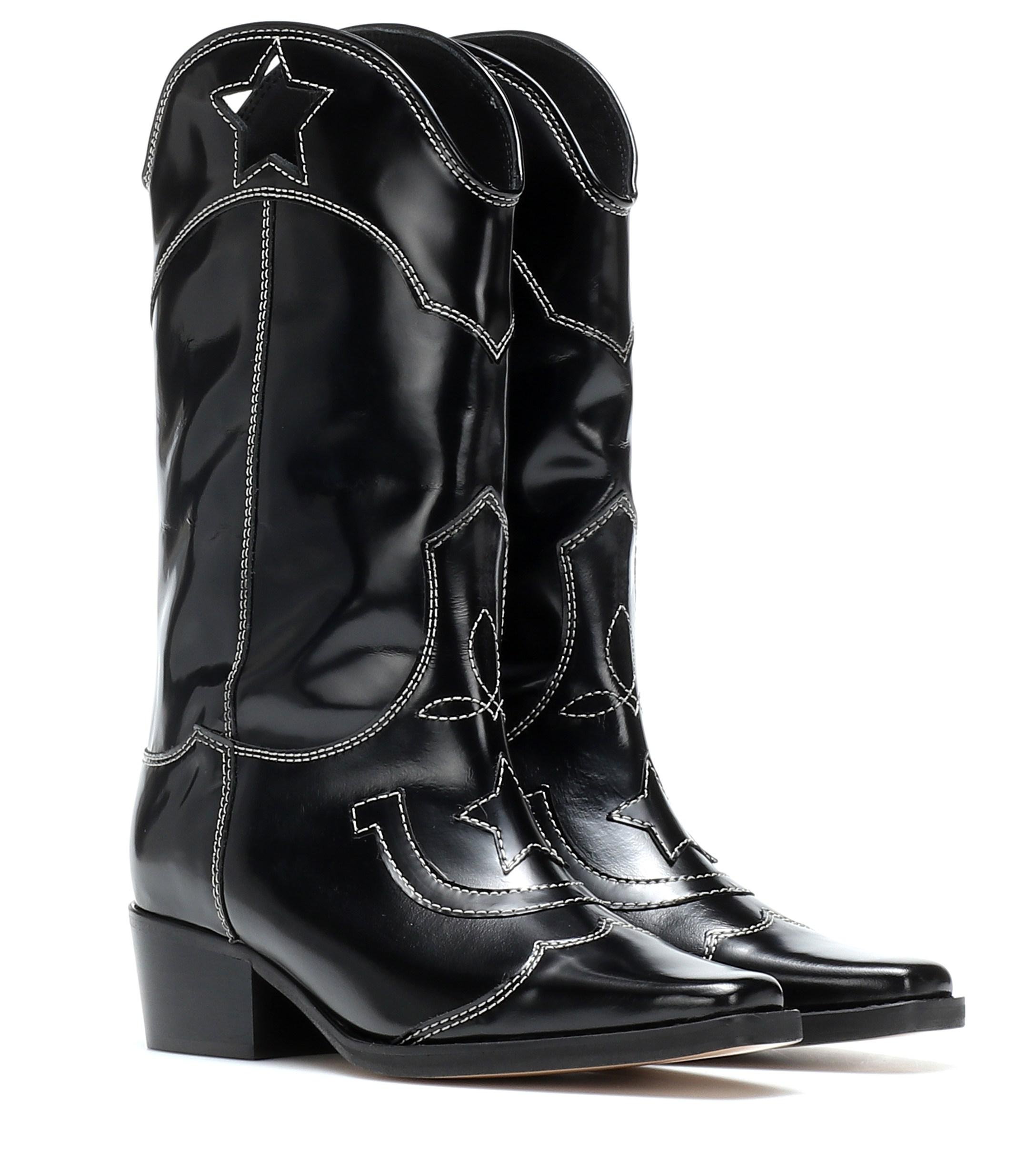 Ganni High Texas Leather Cowboy Boots in Black | Lyst