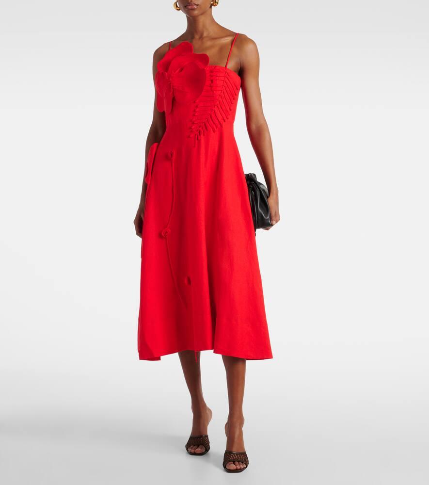 FARM Rio Floral Applique Linen-Blend Midi Dress in Red | Lyst
