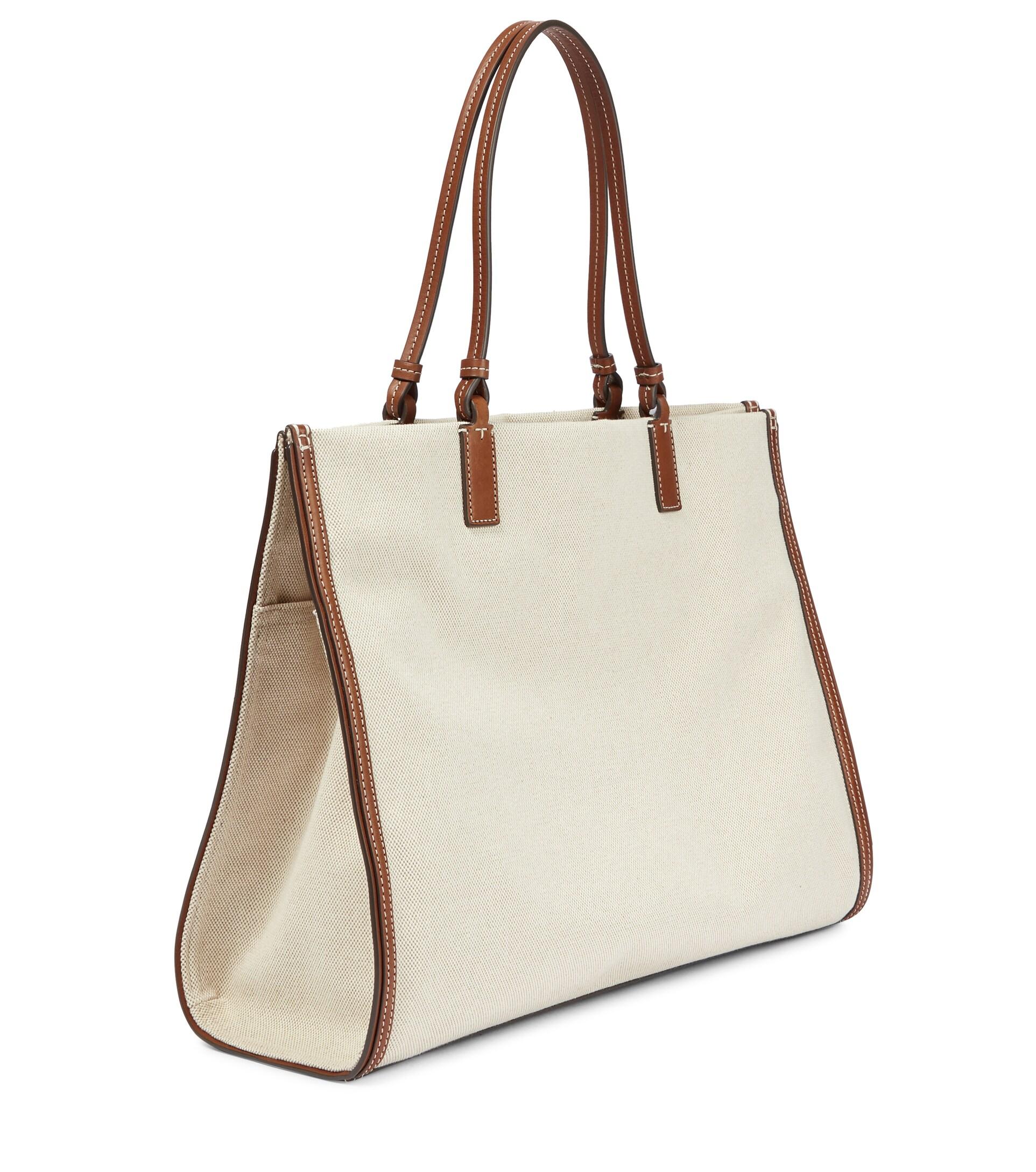Tory Burch Ella Leather-trimmed Canvas Tote in Natural | Lyst