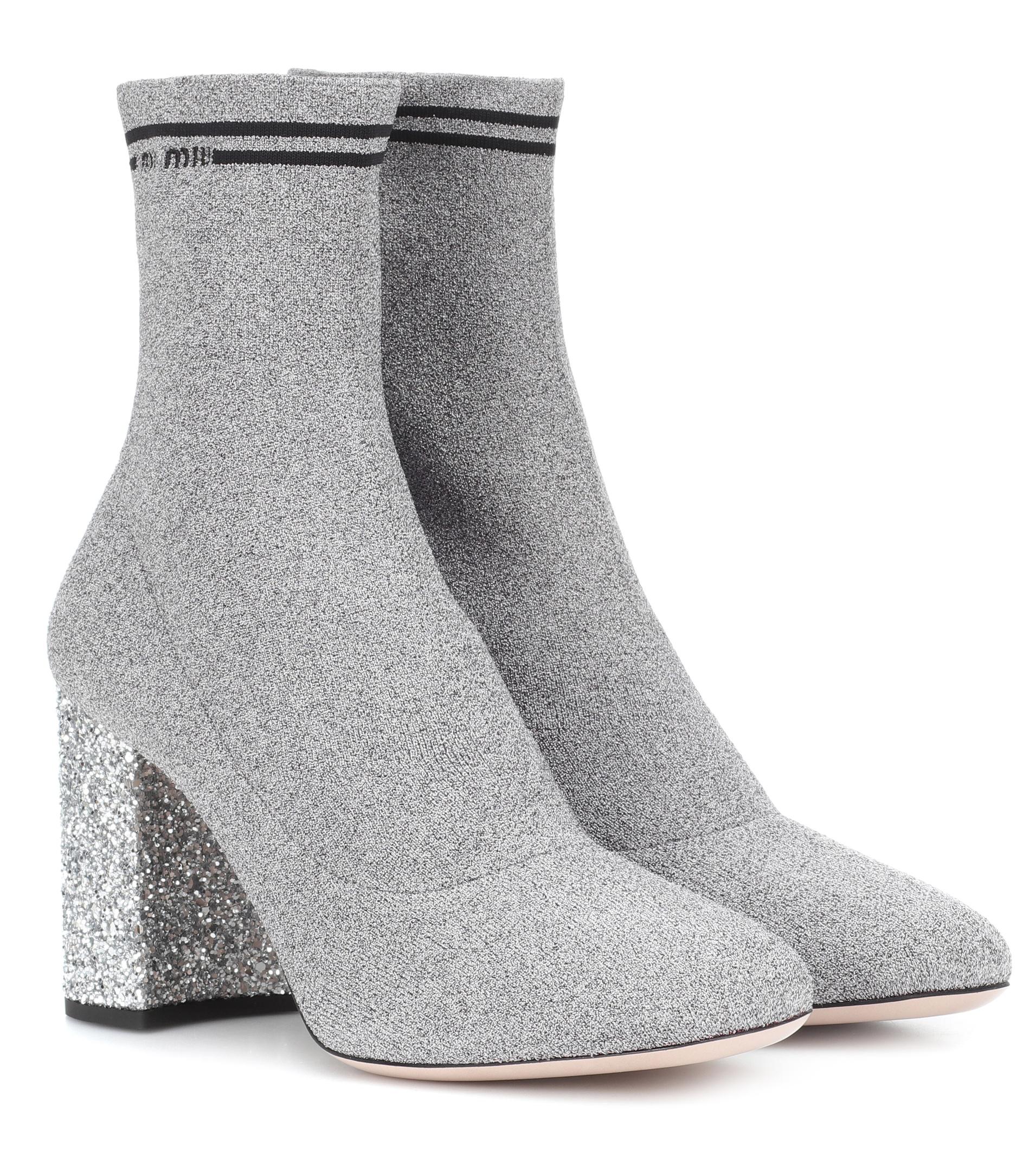 Miu Miu Leather Stretchknit Ankle Boots in Silver (Metallic) Lyst