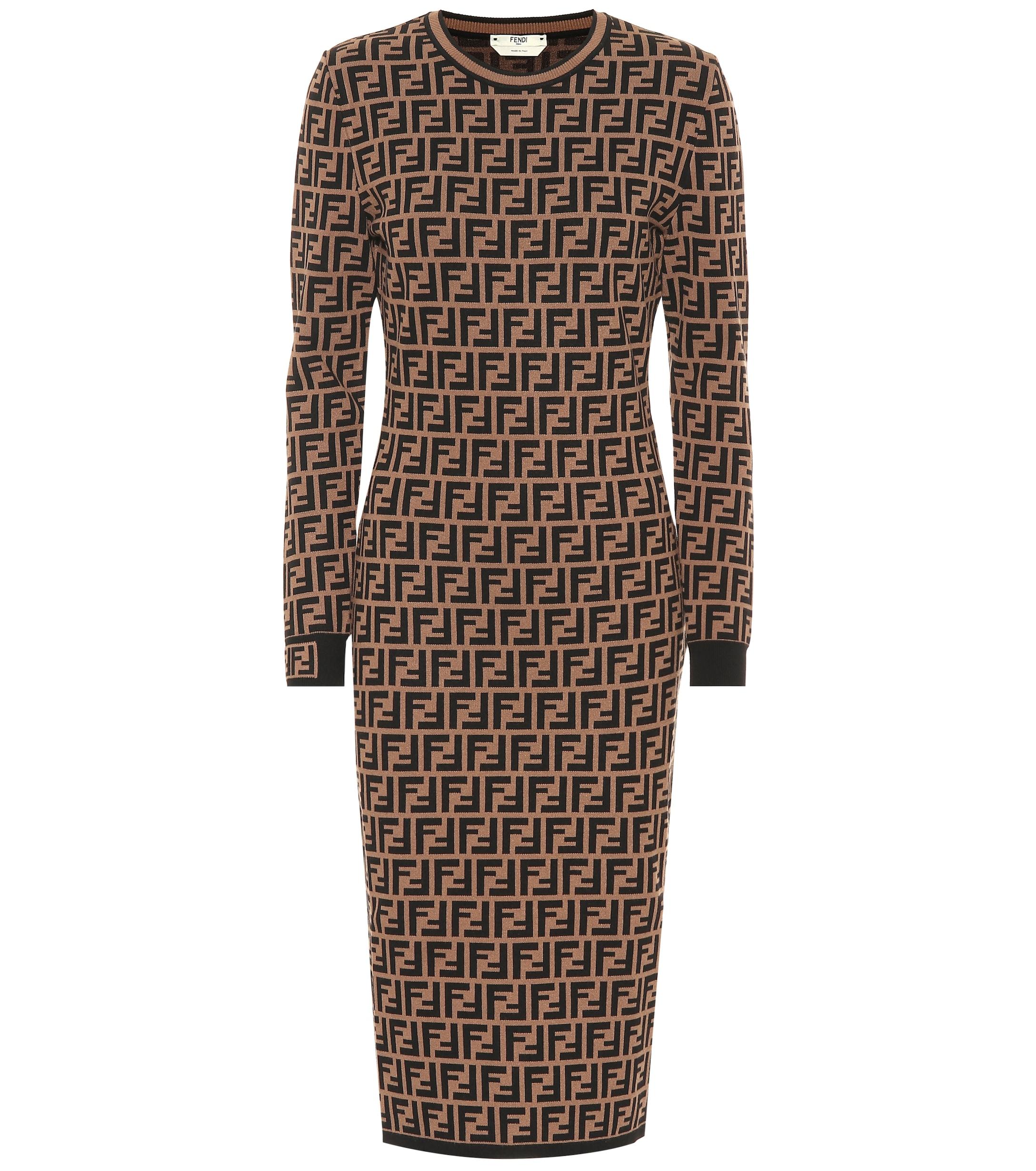 Fendi Wool Longsleeve Ff Midi Dress in Black Brown (Brown) - Save 32%