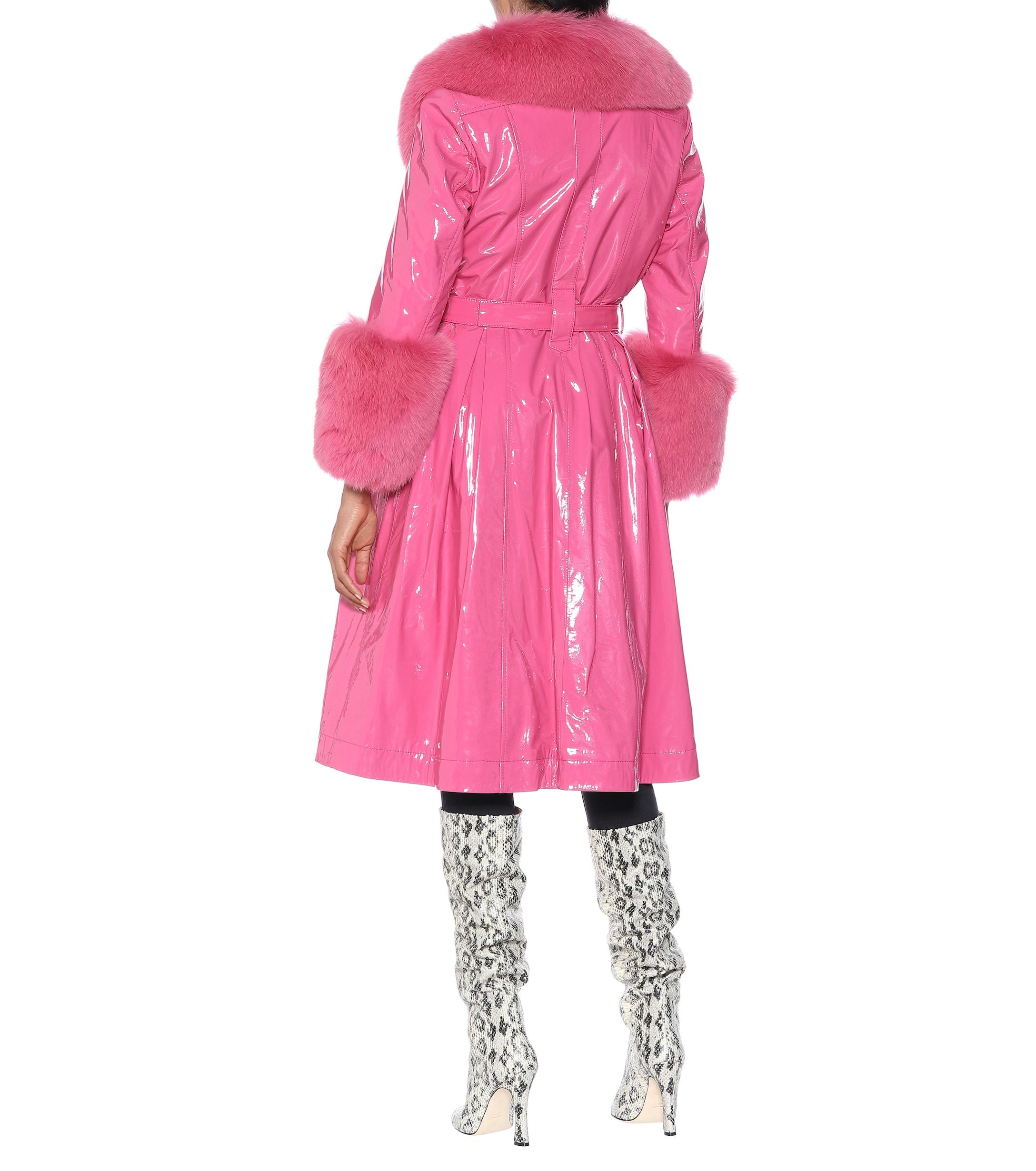 Saks Potts Long Belted Patent Leather Coat With Fox Fur Trimming in ...