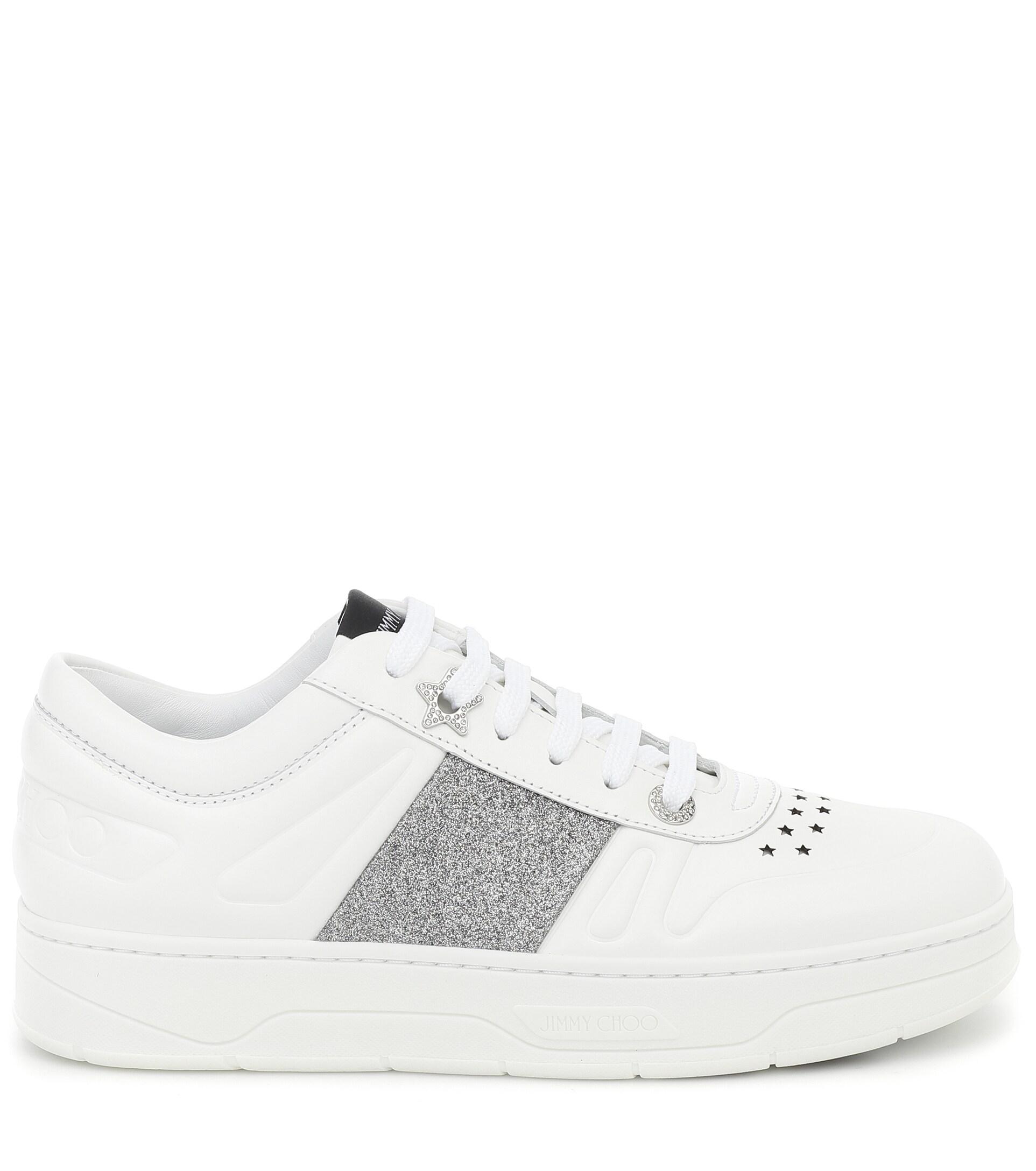 Jimmy Choo Hawaii/f Glitter-trimmed Leather Sneakers in White/Silver  (White) | Lyst