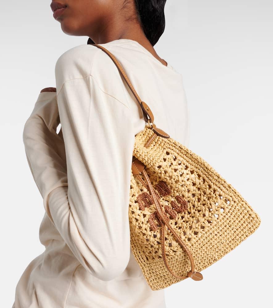 Miu Miu Logo Leather-Trimmed Raffia Bucket Bag in Metallic