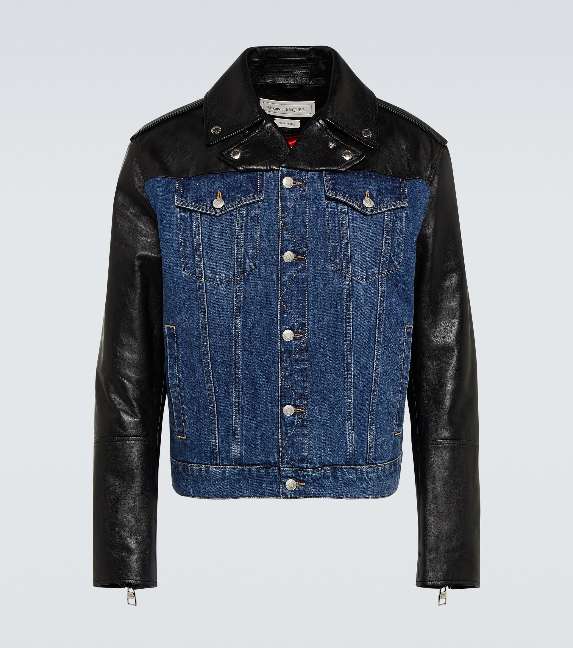 Alexander McQueen Leather-trimmed Denim Jacket in Blue for Men | Lyst