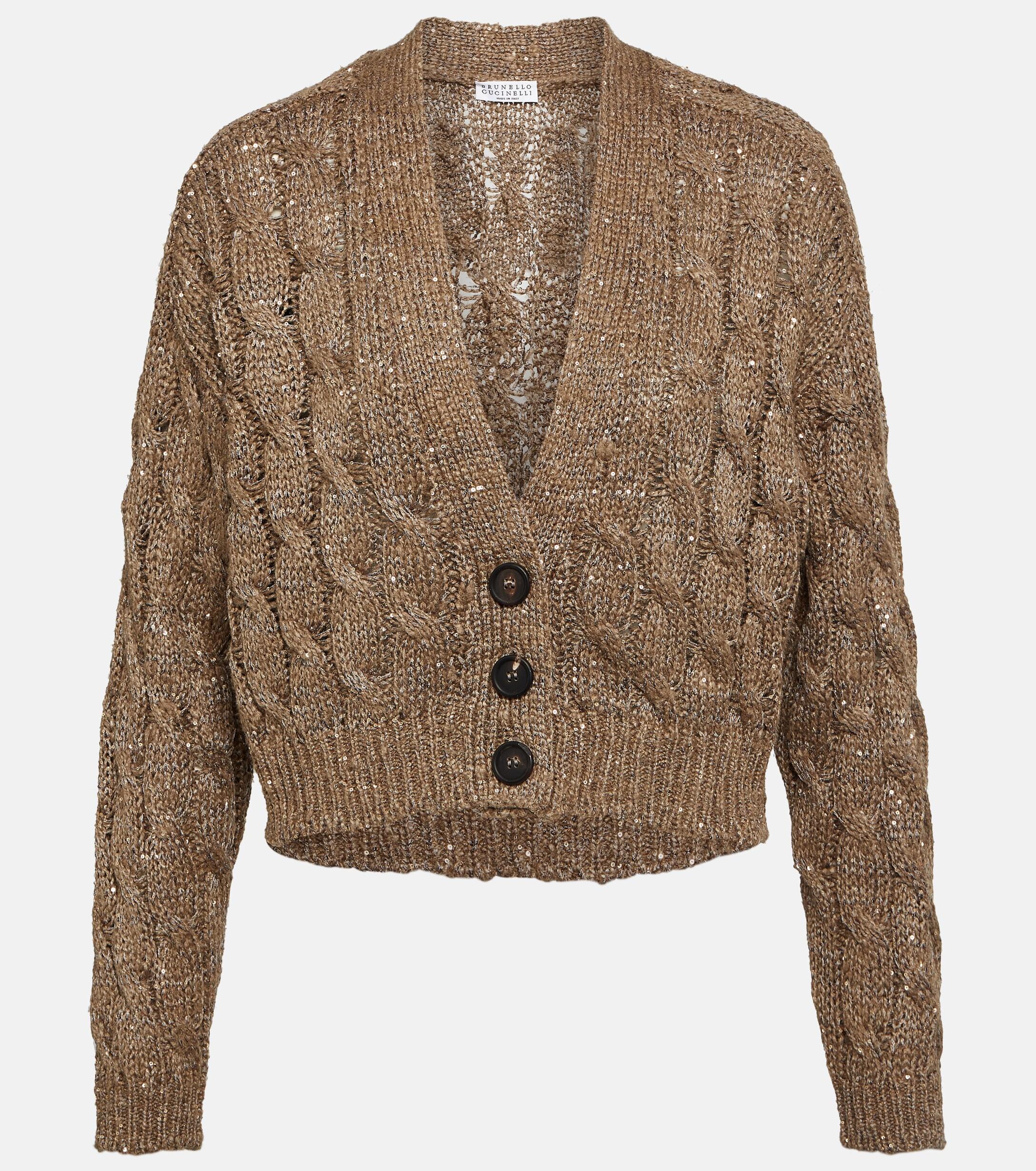 Brunello Cucinelli Cable-knit Embellished Cardigan in Brown | Lyst UK