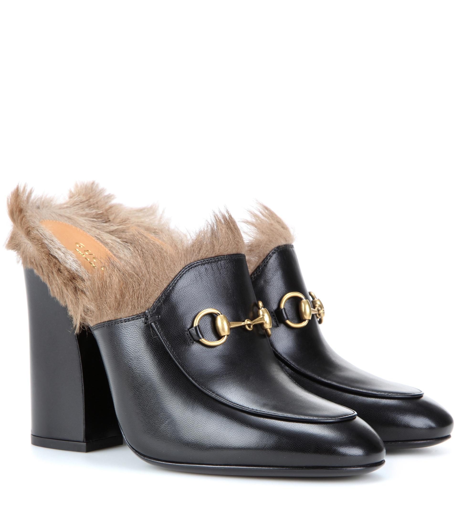 gucci women's princetown leather & lamb fur mules
