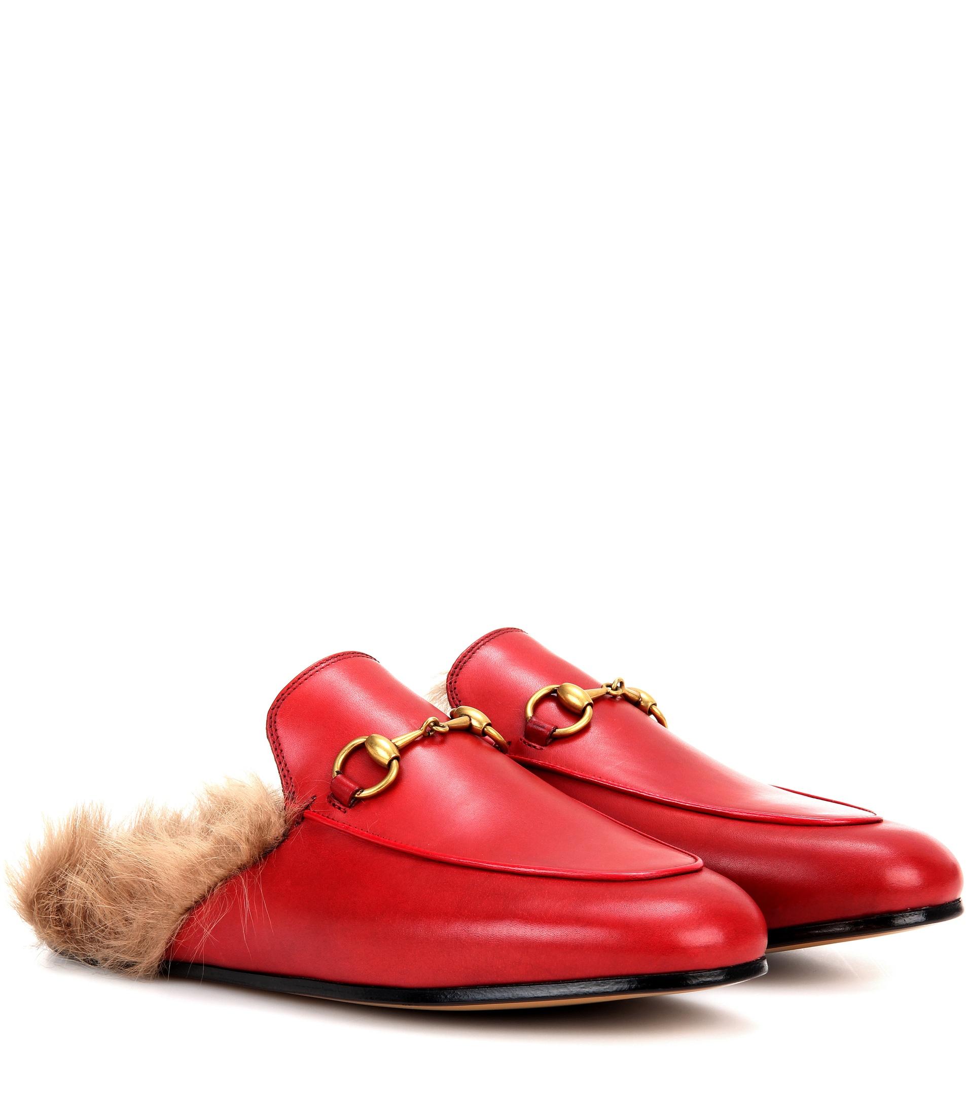 Gucci Princetown Fur-lined Leather Slippers in Red | Lyst