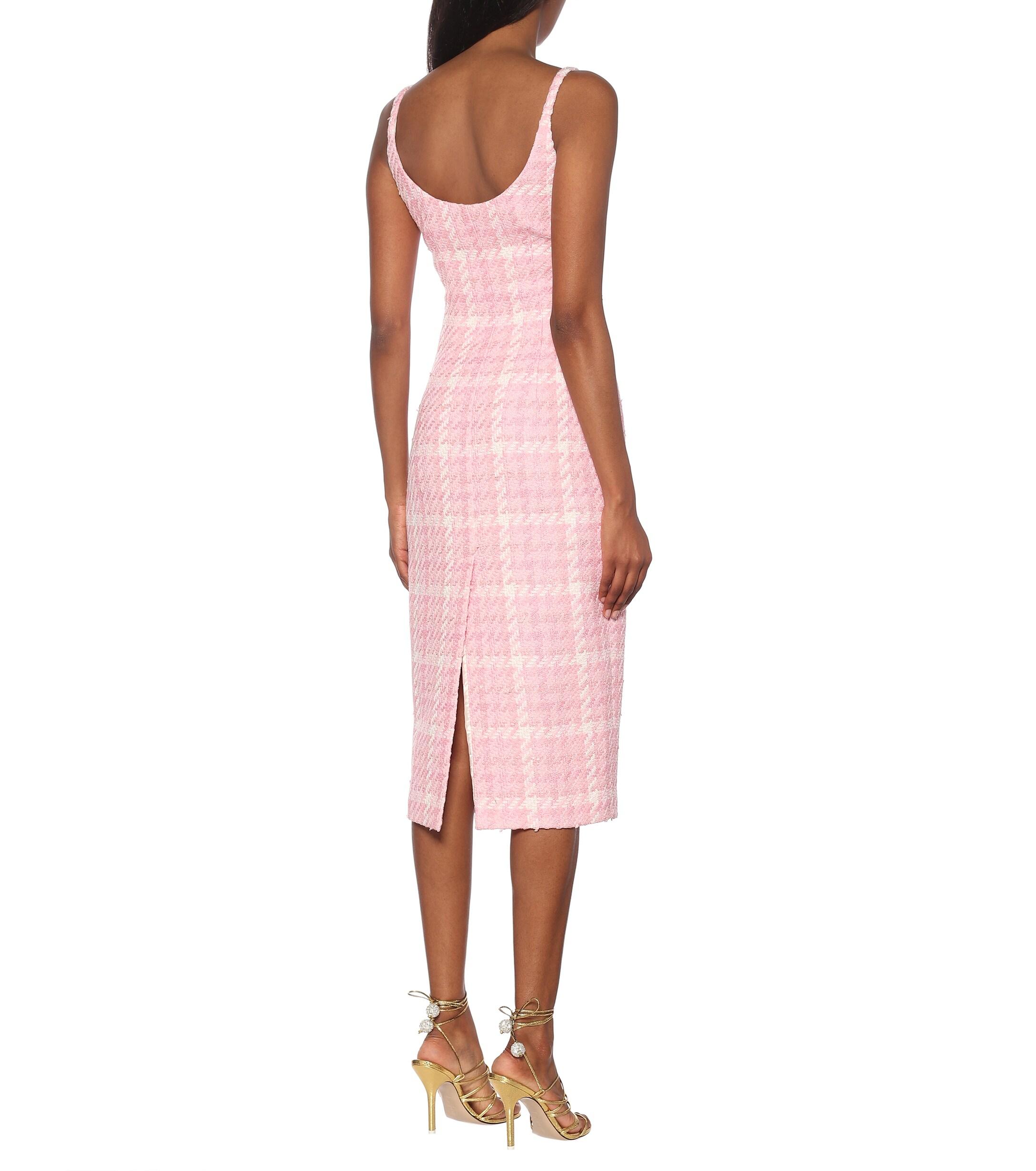 Womens Asymmetric fringed checked cotton-blend tweed midi dress Black/Red, Oscar de la Renta 