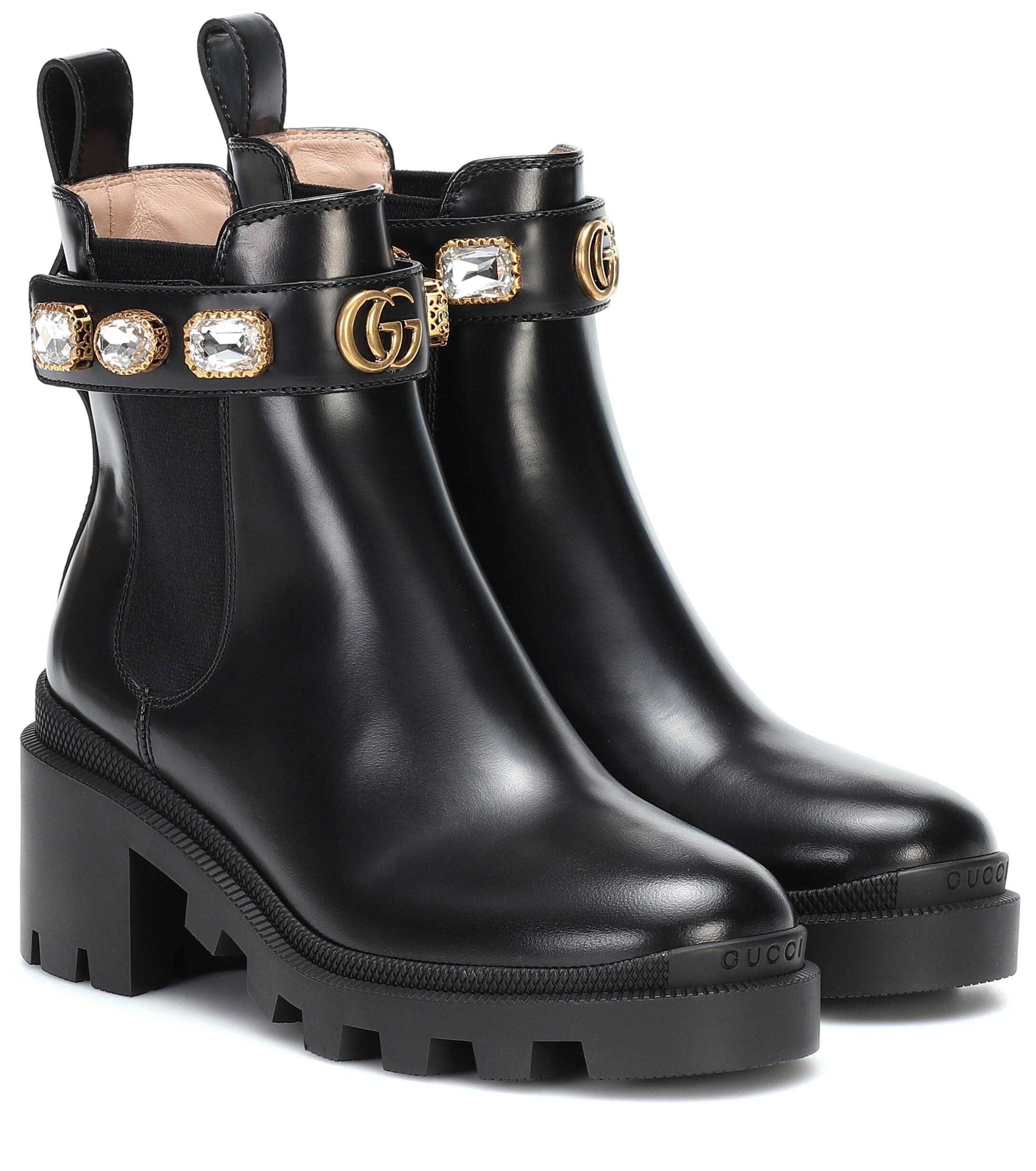 Gucci Embellished Leather Ankle Boots in Black - Lyst