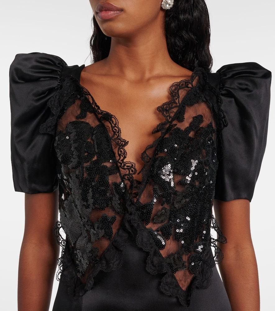 Rodarte Lace-Trimmed Silk-Blend Charmeuse Maxi Dress in Black | Lyst