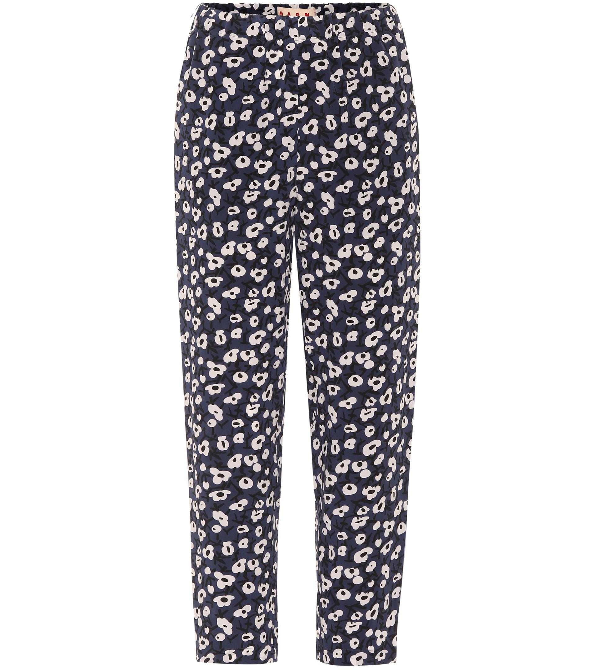 Marni Floral-printed Cropped Silk Trousers in Blue - Lyst