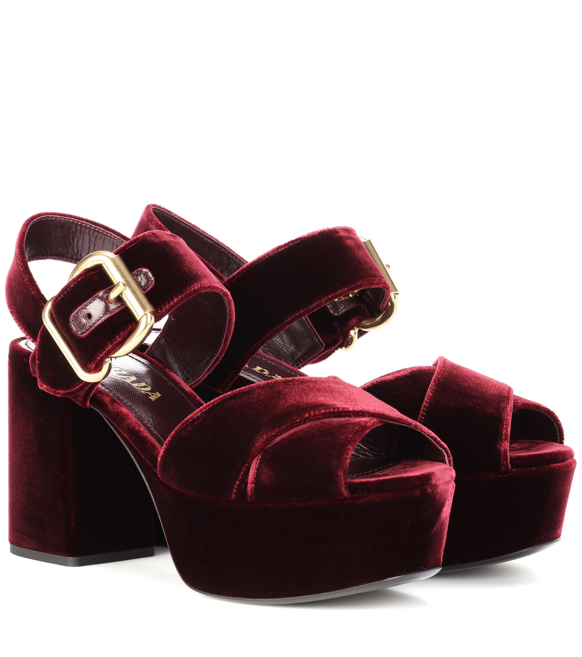 Prada Velvet Platform Sandals in Red | Lyst