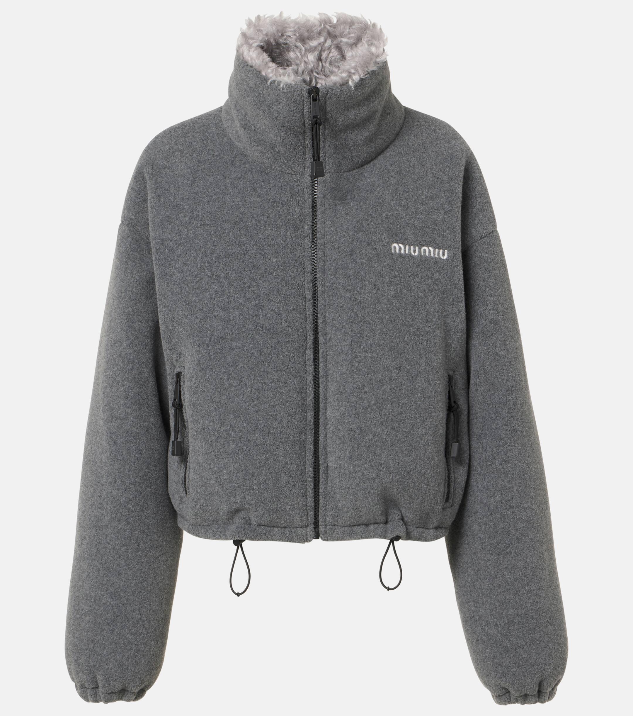ムートン・ファーコート Miu Miu Grey Shearling-Collared Jacket With Classic Check Miu Miu Grey Shearling-Collared Jacket With Classic Check