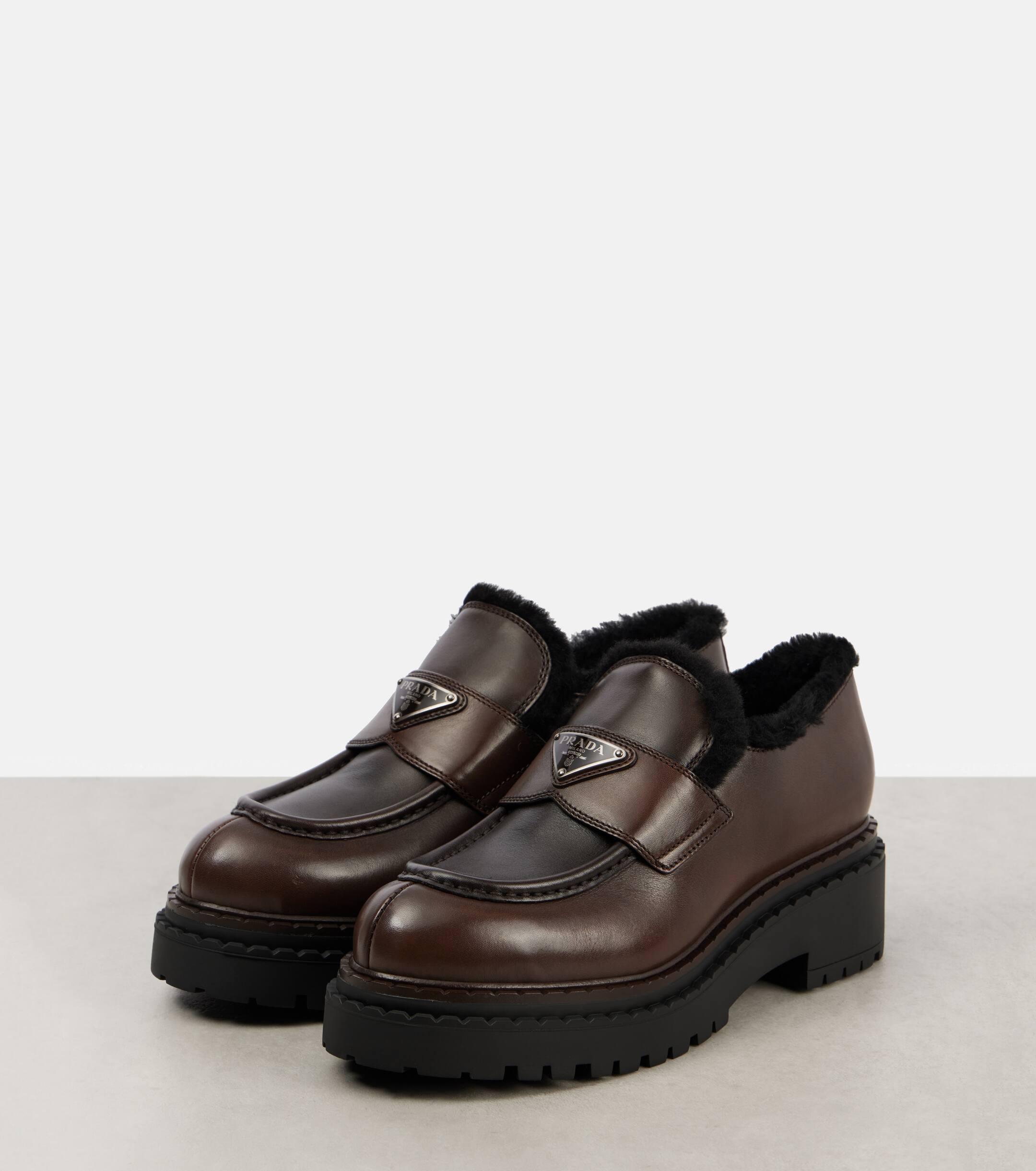 Prada Shearling Lined Brushed Leather Loafers in Brown Lyst UK