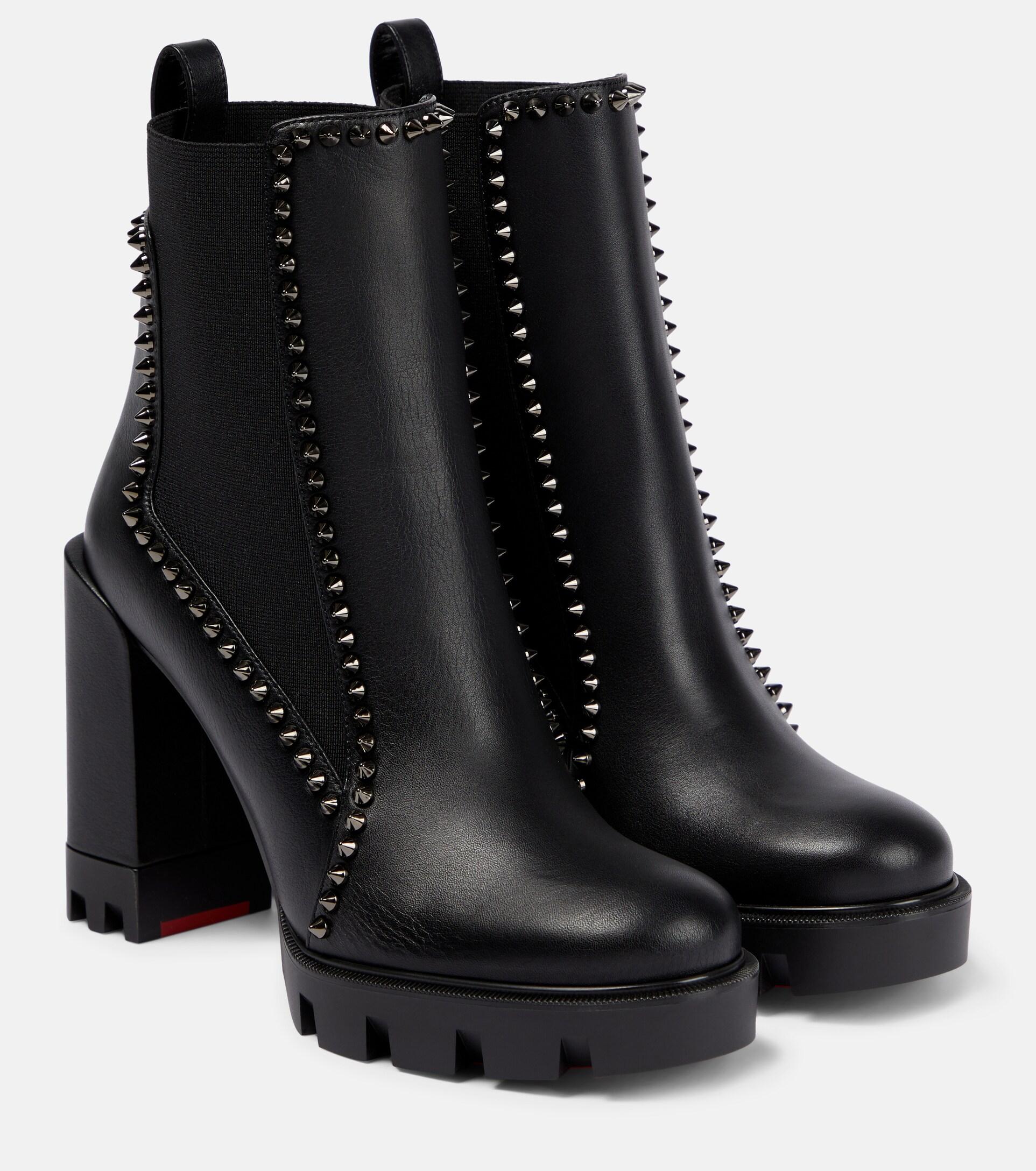 Christian Louboutin Black Leather Out Line Spike Lug Ankle Boots
