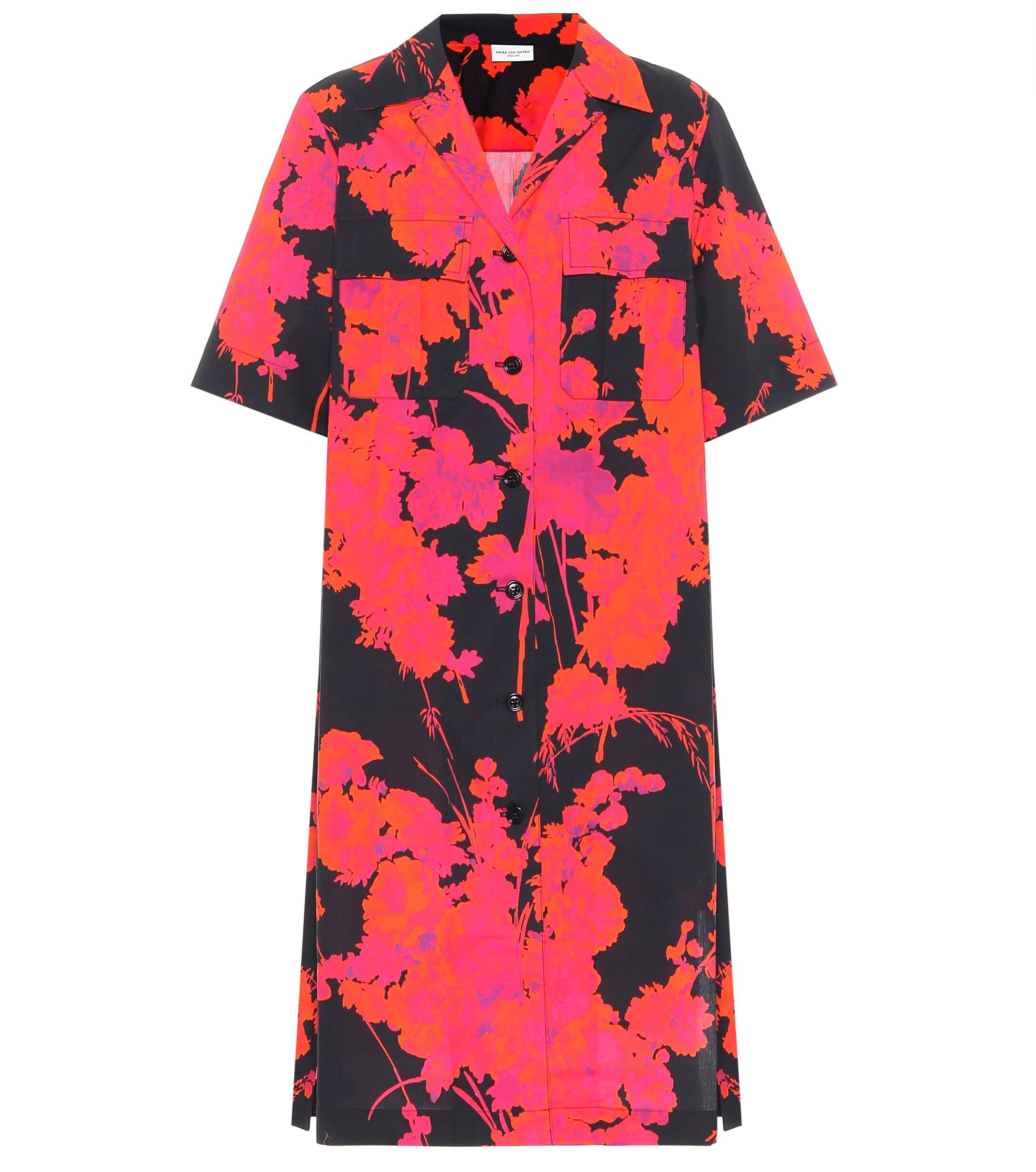Dries Van Noten Floral Cotton Shirt Dress in Red - Lyst
