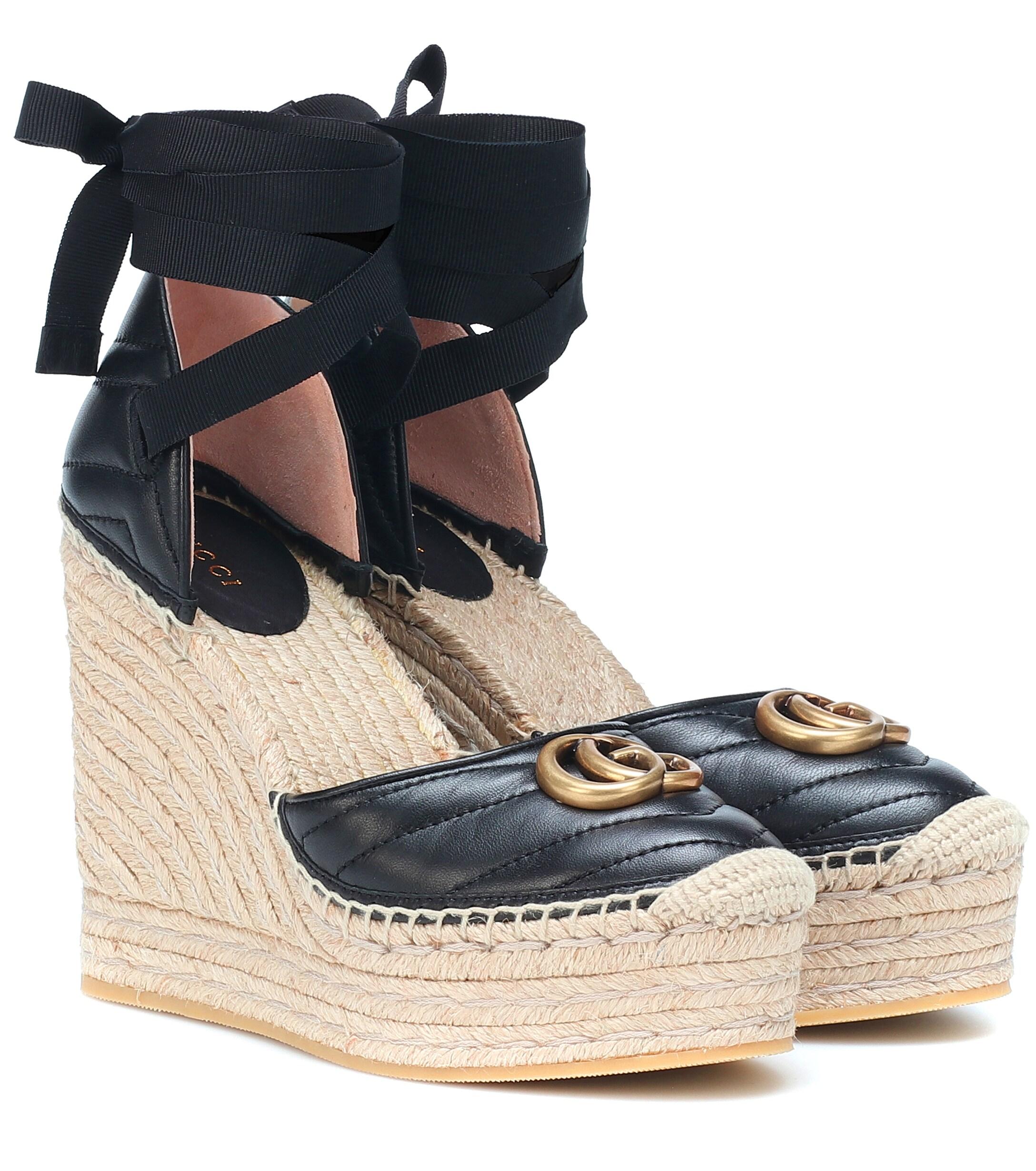 Gucci Double G Leather Espadrille Wedges in Black | Lyst