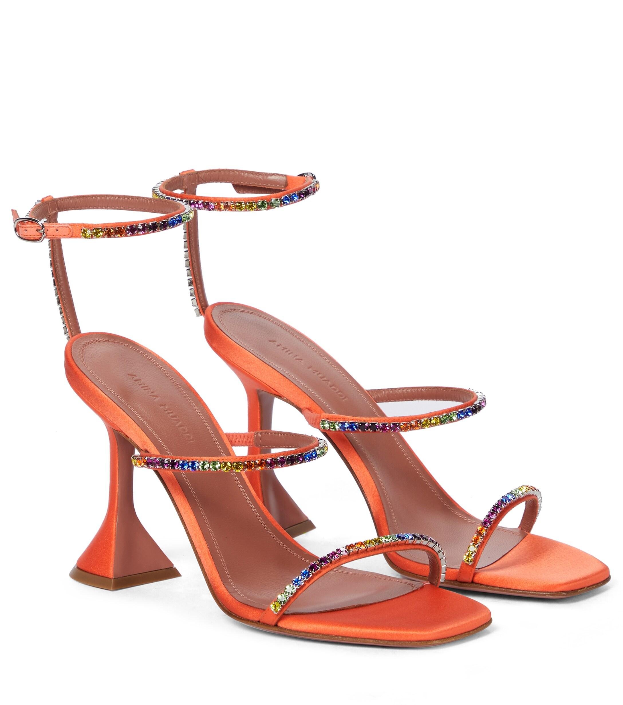 AMINA MUADDI Gilda Embellished Satin Sandals in Orange | Lyst