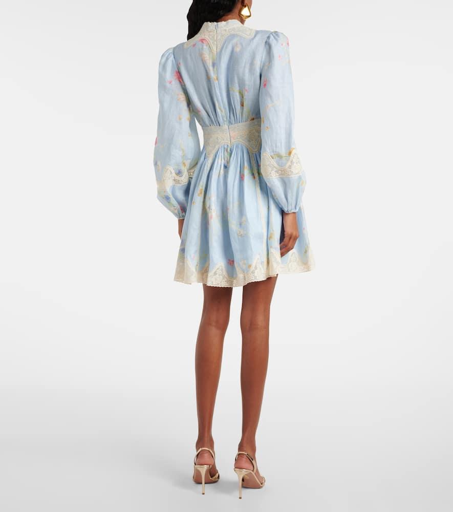 Zimmermann Lucky Linen & Lace Plunge Mini Dress in Blue | Lyst Australia