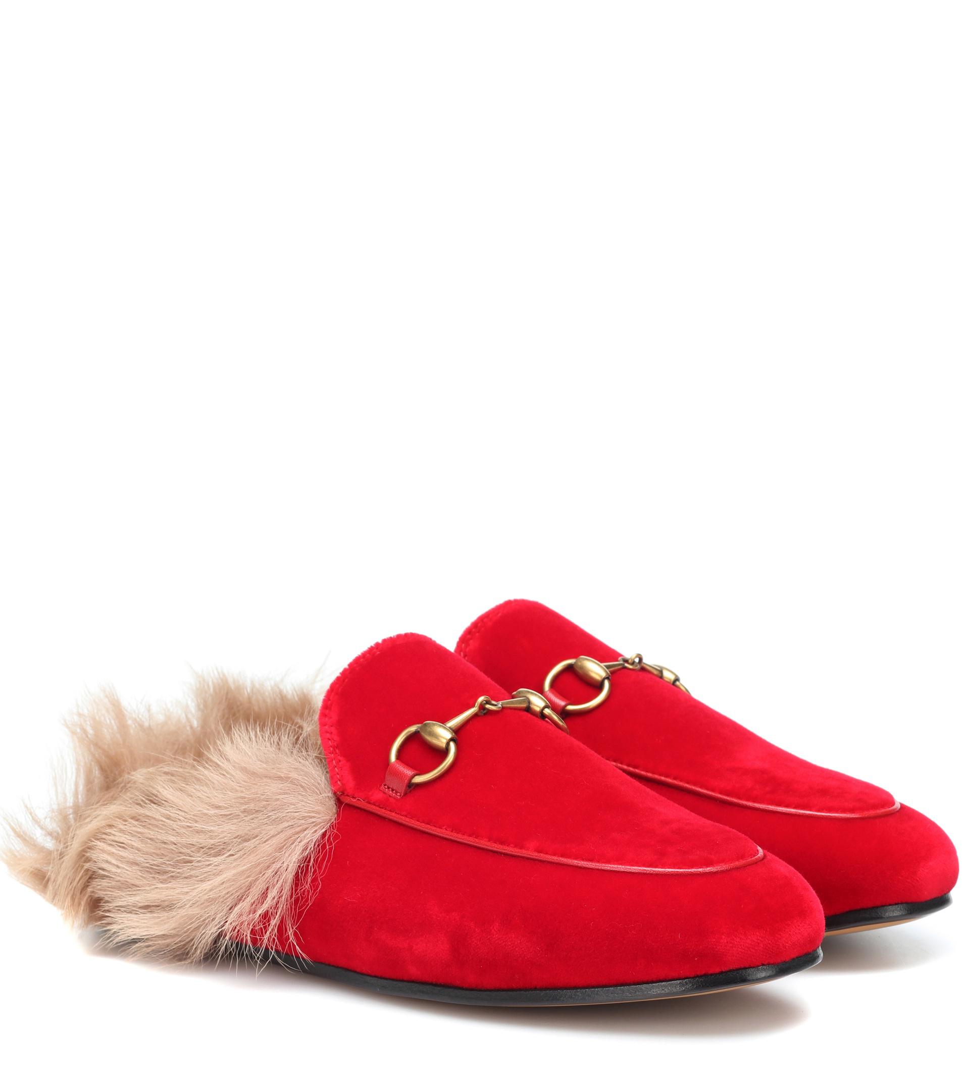 red gucci fur slippers