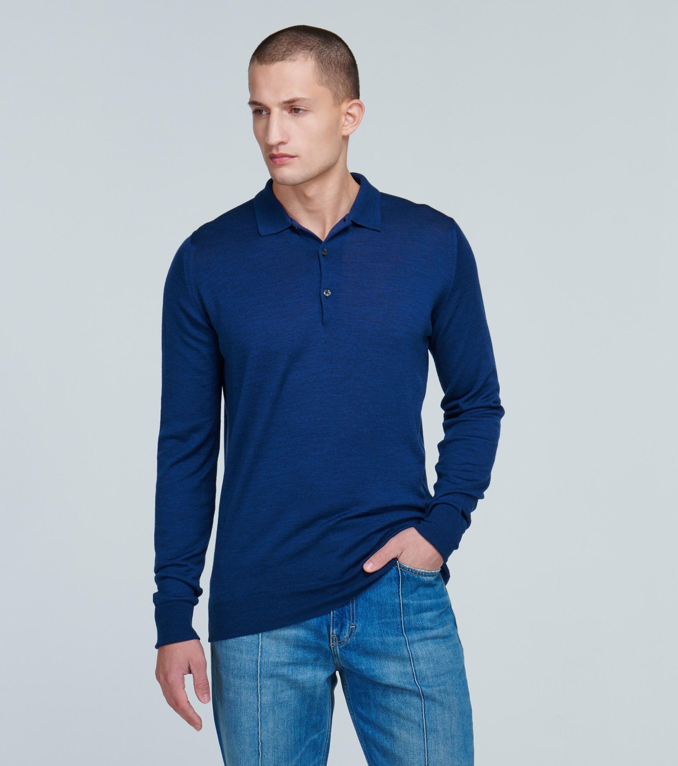 John Smedley Wool Long-sleeved Polo Shirt in Blue for Men | Lyst UK