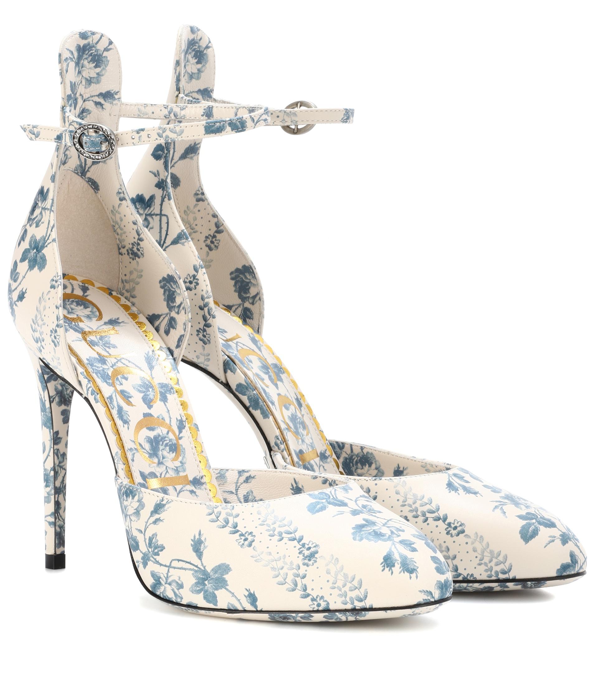 Gucci Floral-printed Leather Pumps in Blue - Lyst