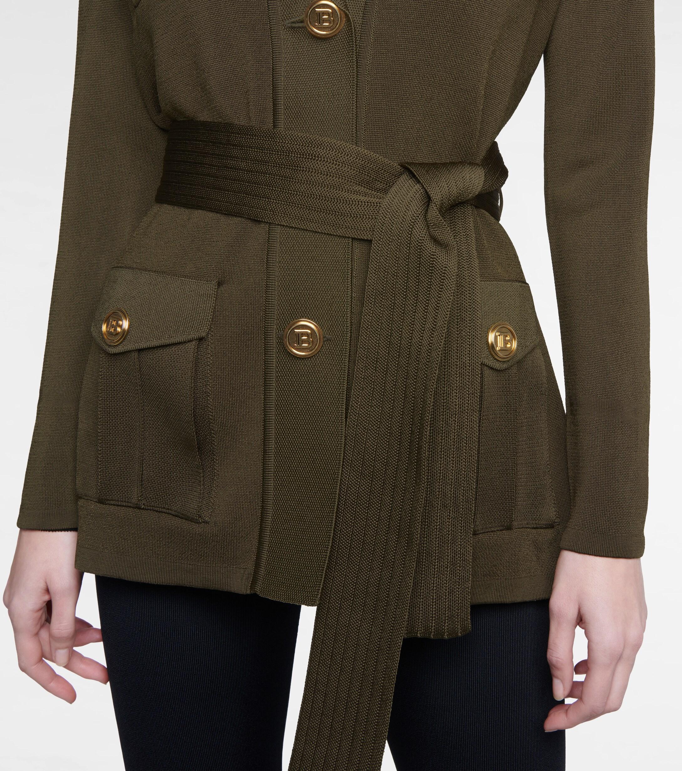 Womens Clothing Jumpers and knitwear Cardigans Balmain Belted Tweed Longline Cardigan in Green 
