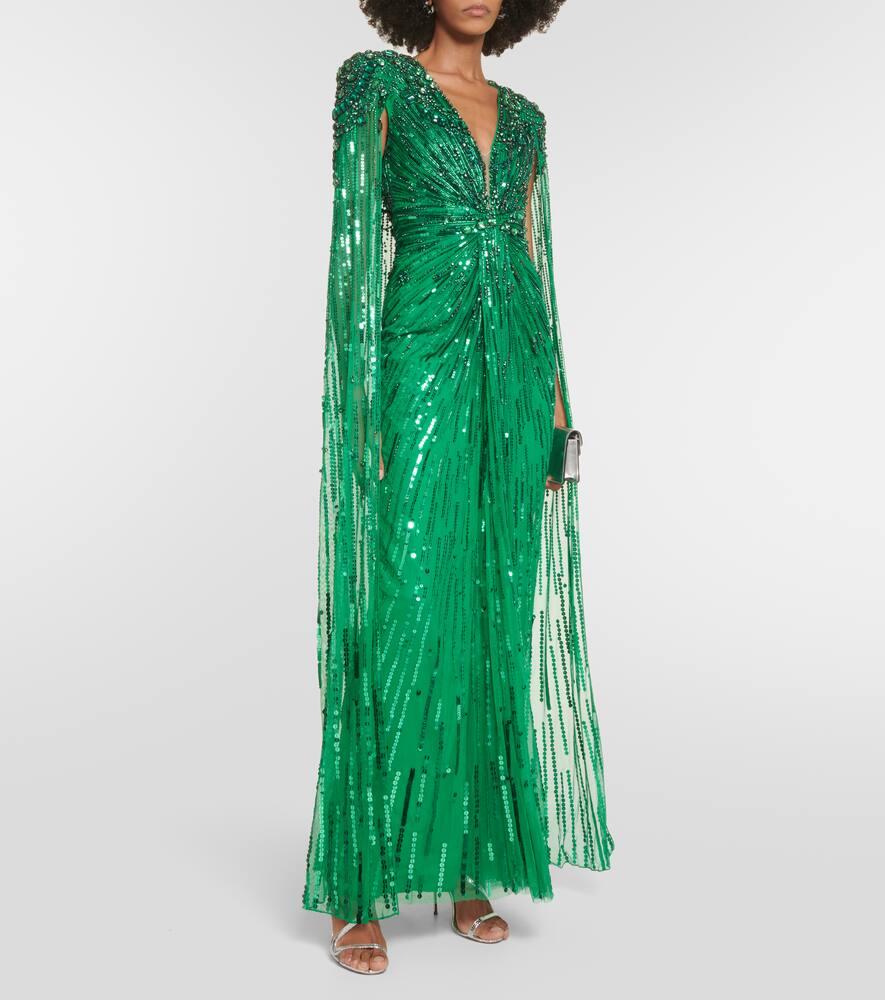 Jenny Packham Lotus Lady Embellished Caped Gown in Green | Lyst