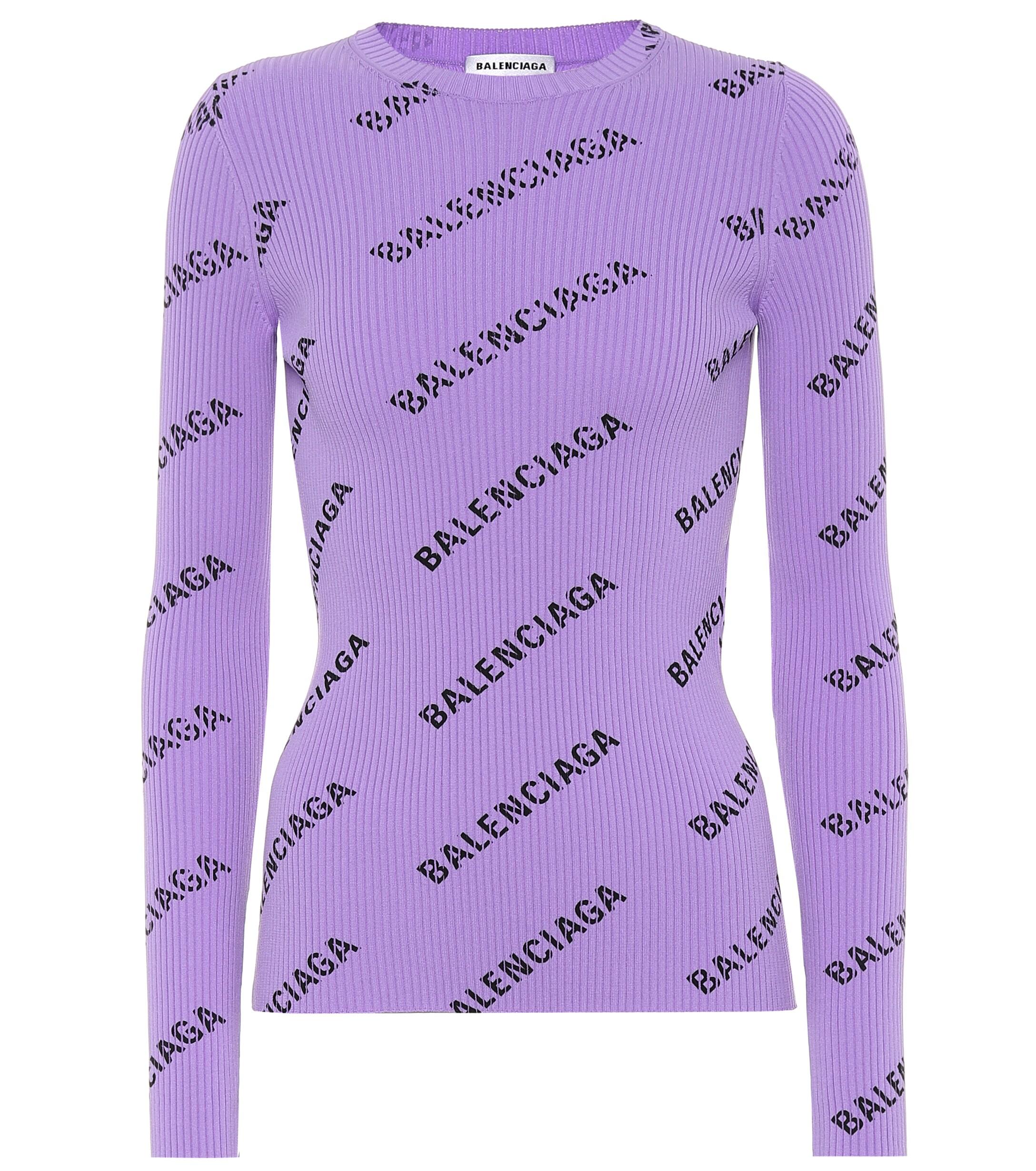 Balenciaga Allover Logo Ribbed-knit Sweater in Lilac (Purple) | Lyst