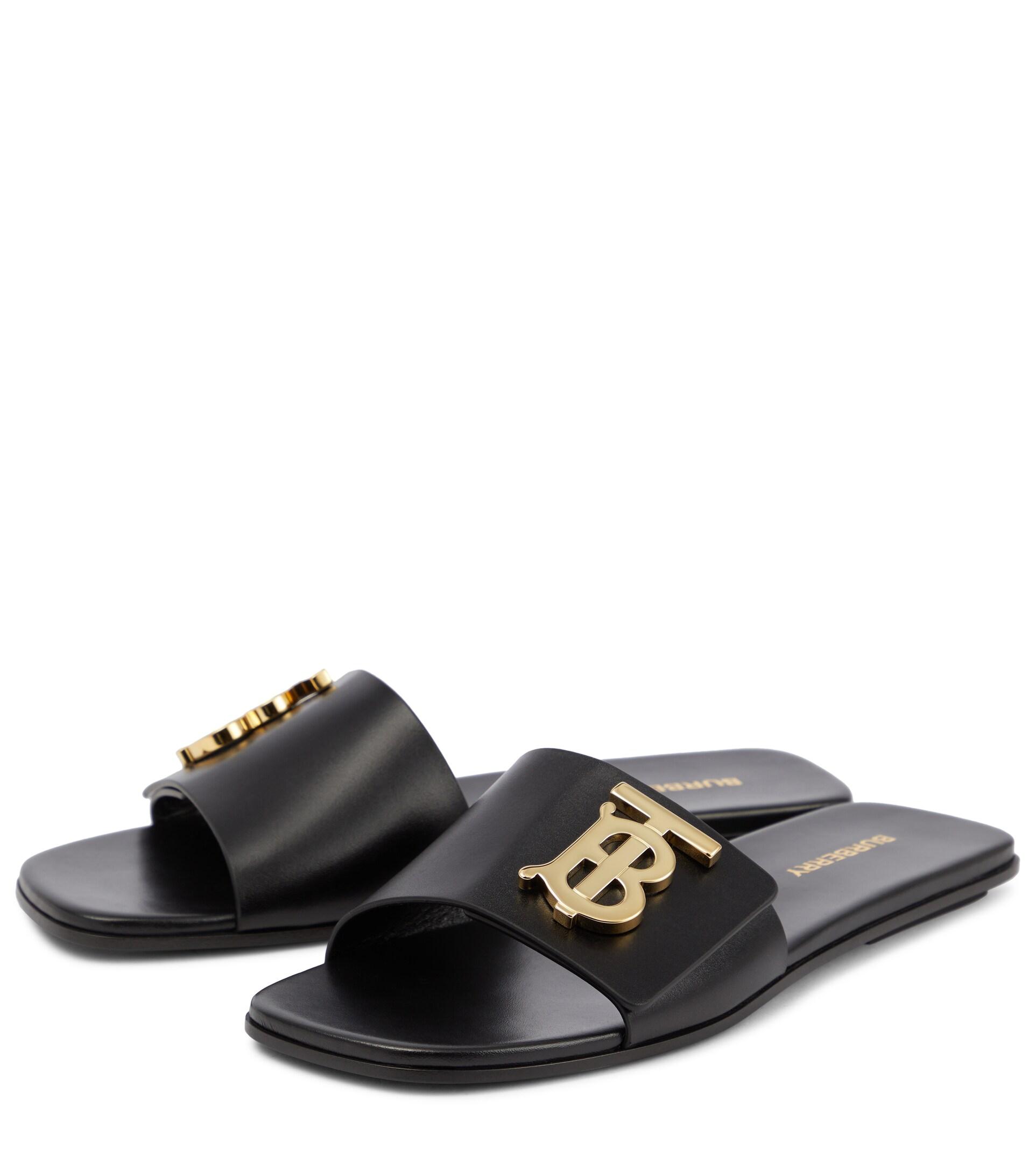 Burberry Tb Leather Sandals in Black | Lyst