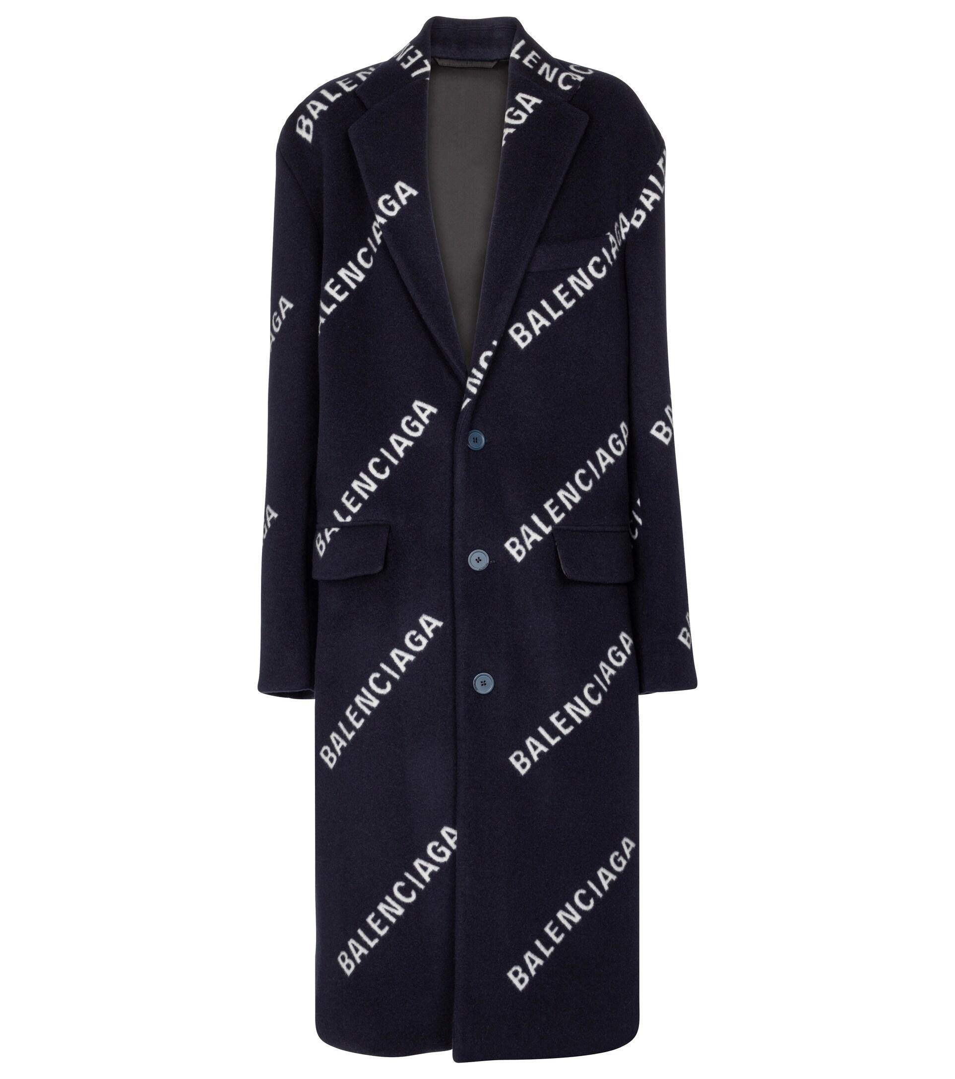 Balenciaga Logo Wool And Cashmere-blend Coat in Blue | Lyst