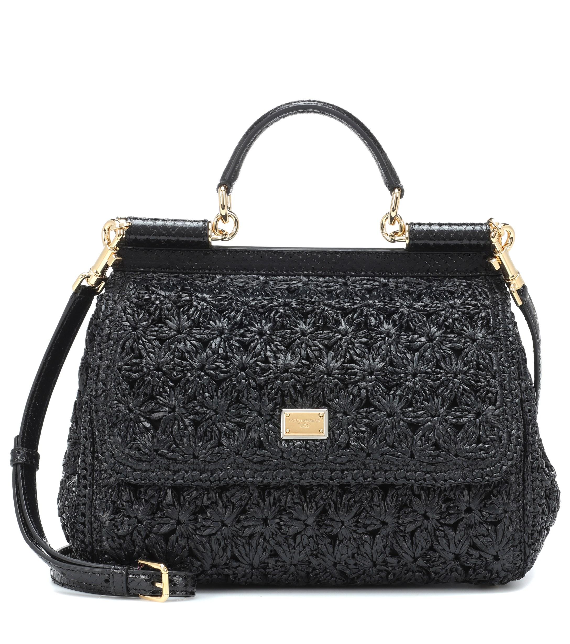 Dolce & Gabbana Leather Medium Raffia Crochet Sicily Bag in Black - Lyst