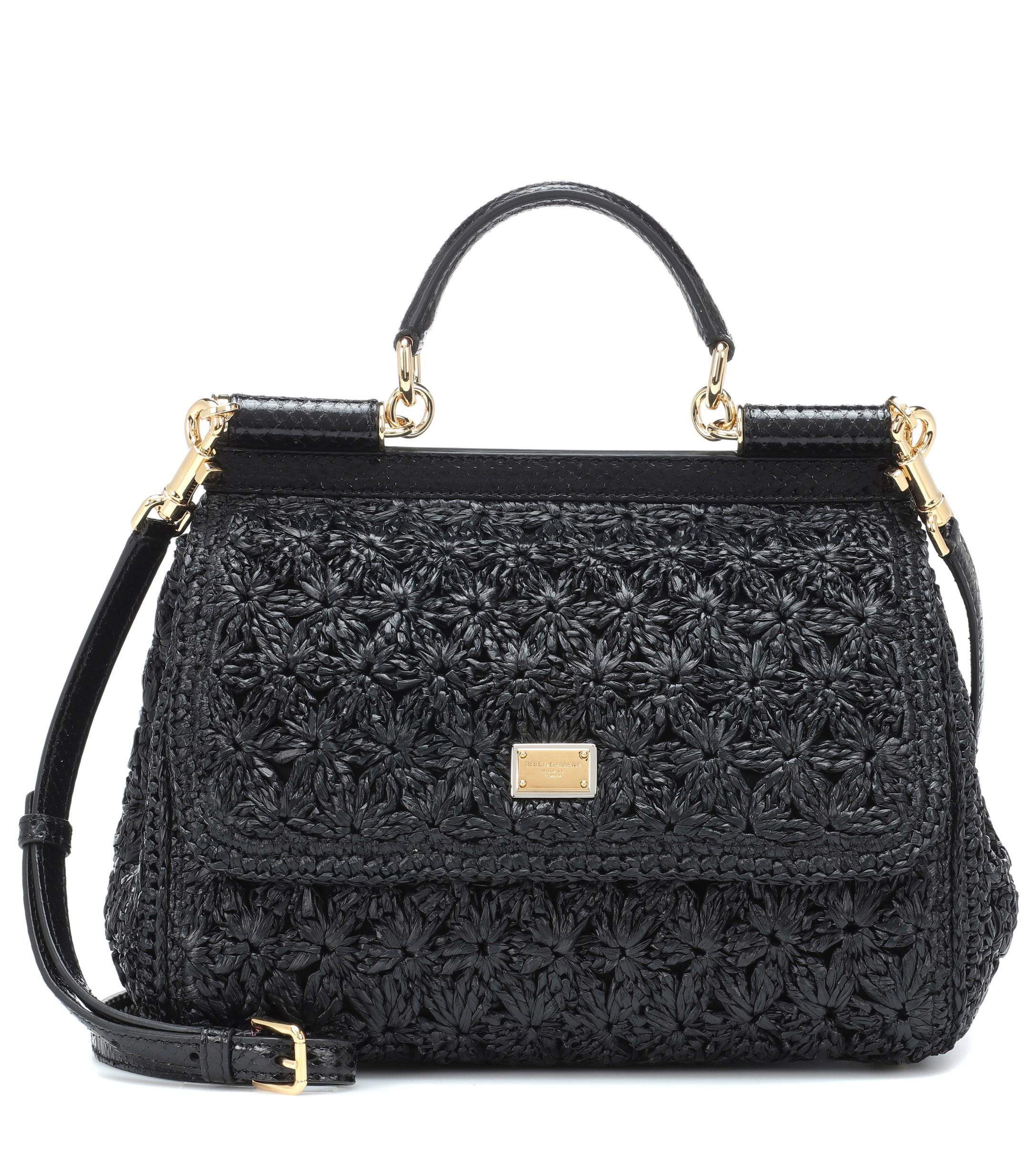 Dolce & Gabbana Leather Medium Raffia Crochet Sicily Bag in Black Lyst
