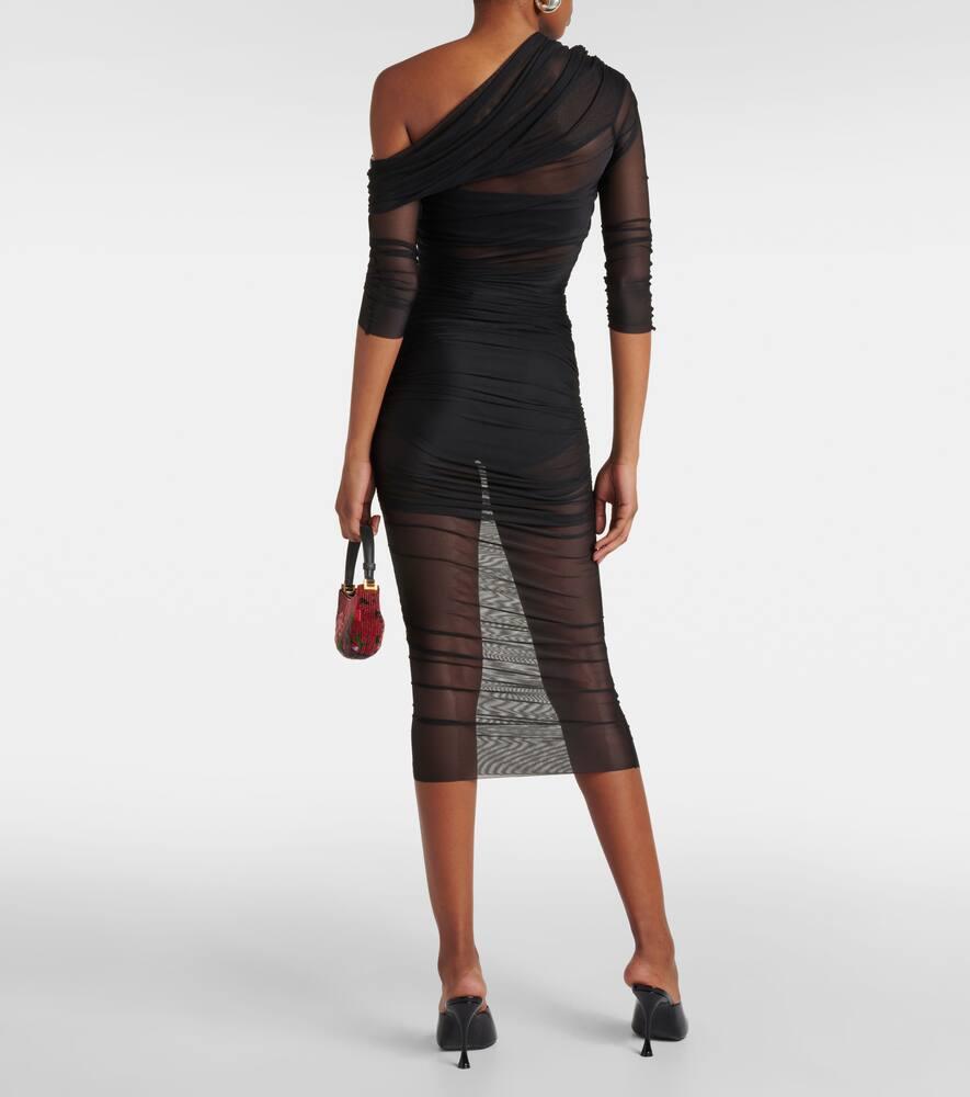 The Sei One-shoulder Ruched Mesh Midi Dress in Black