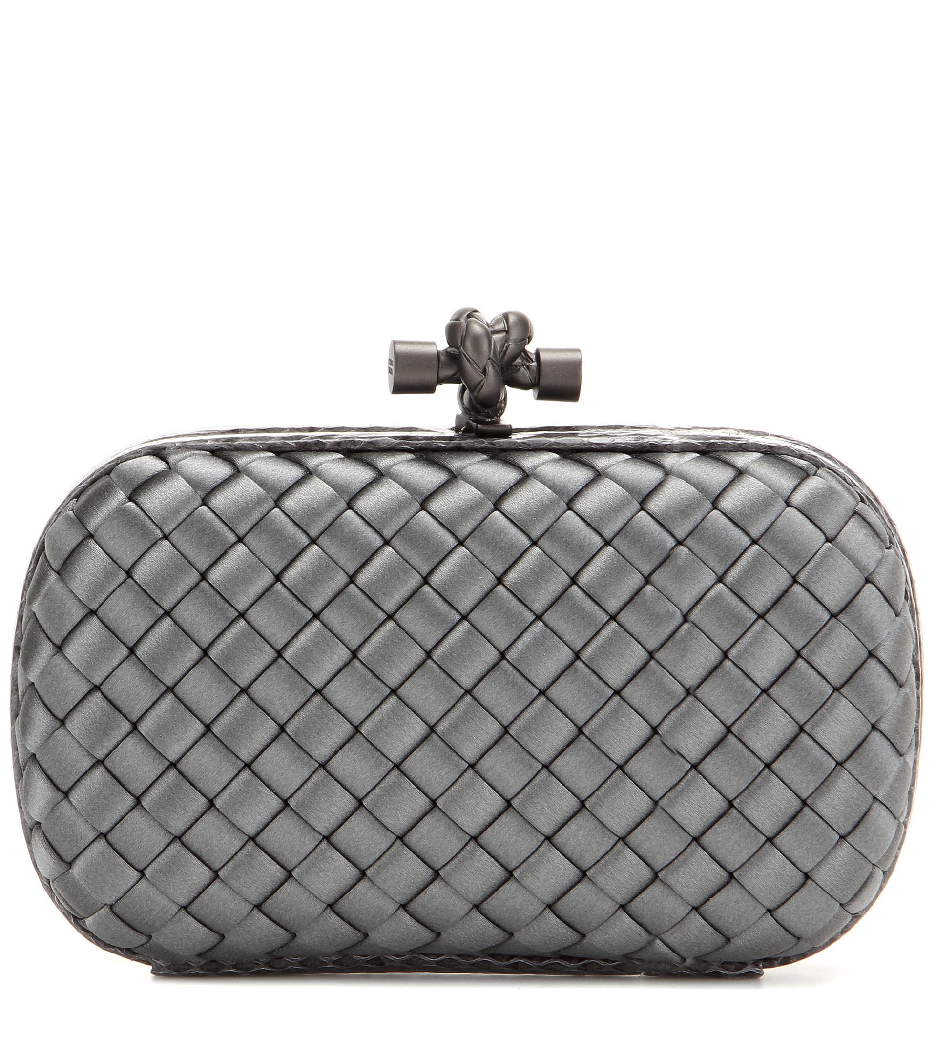 Bottega Veneta Knot Satin And Snakeskin Clutch in Gray