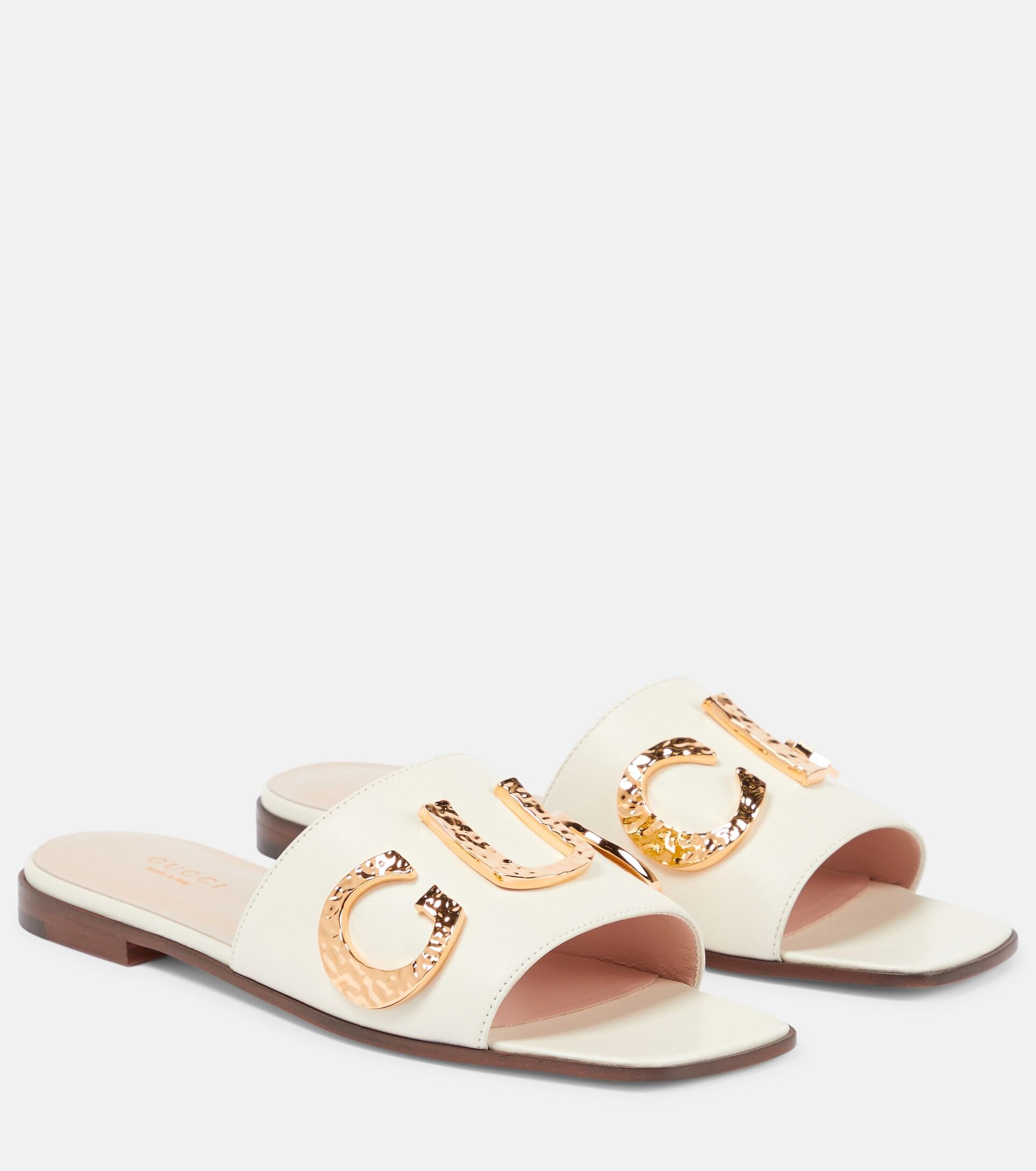 Gucci Leather Flat Sandals in White | Lyst