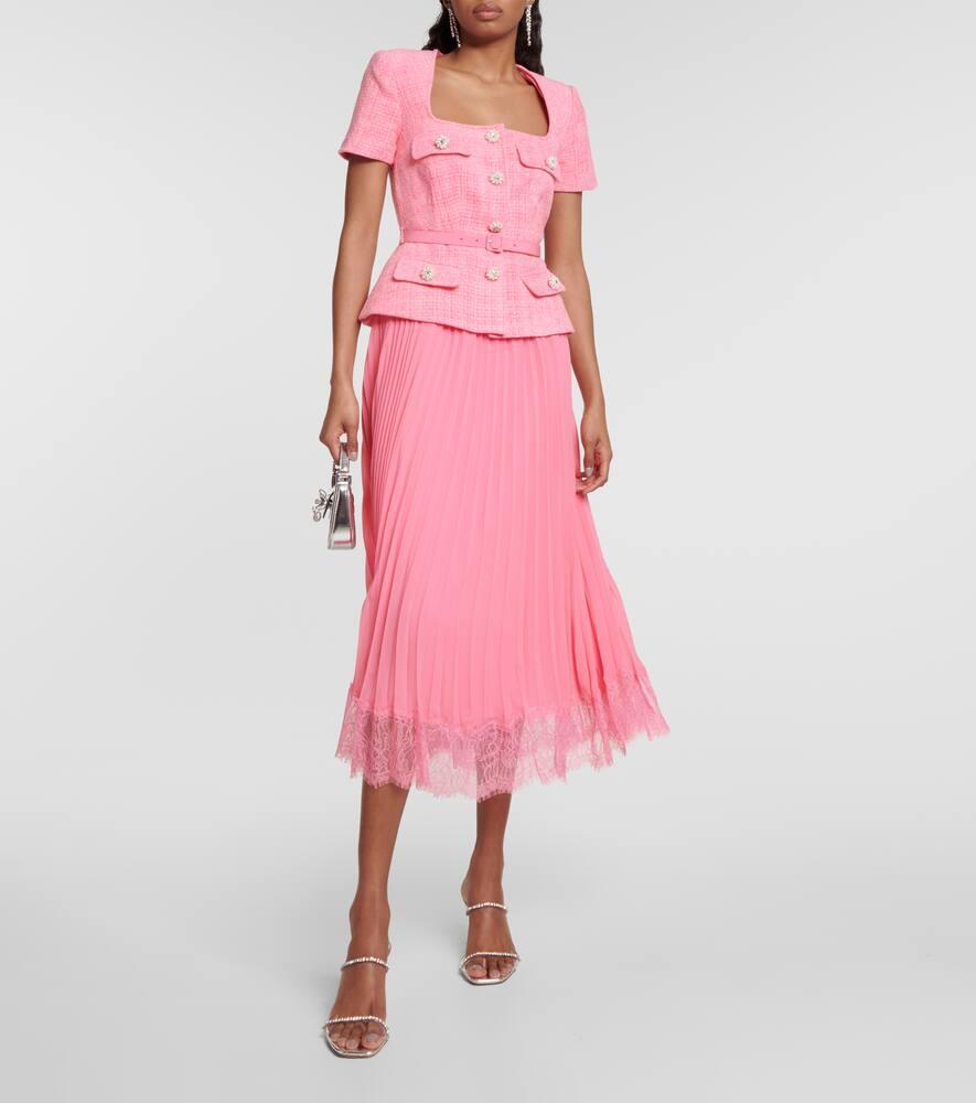 Self-Portrait Embellished Lace-trimmed Pleated Chiffon And Boucl Midi Dress  in Pink | Lyst