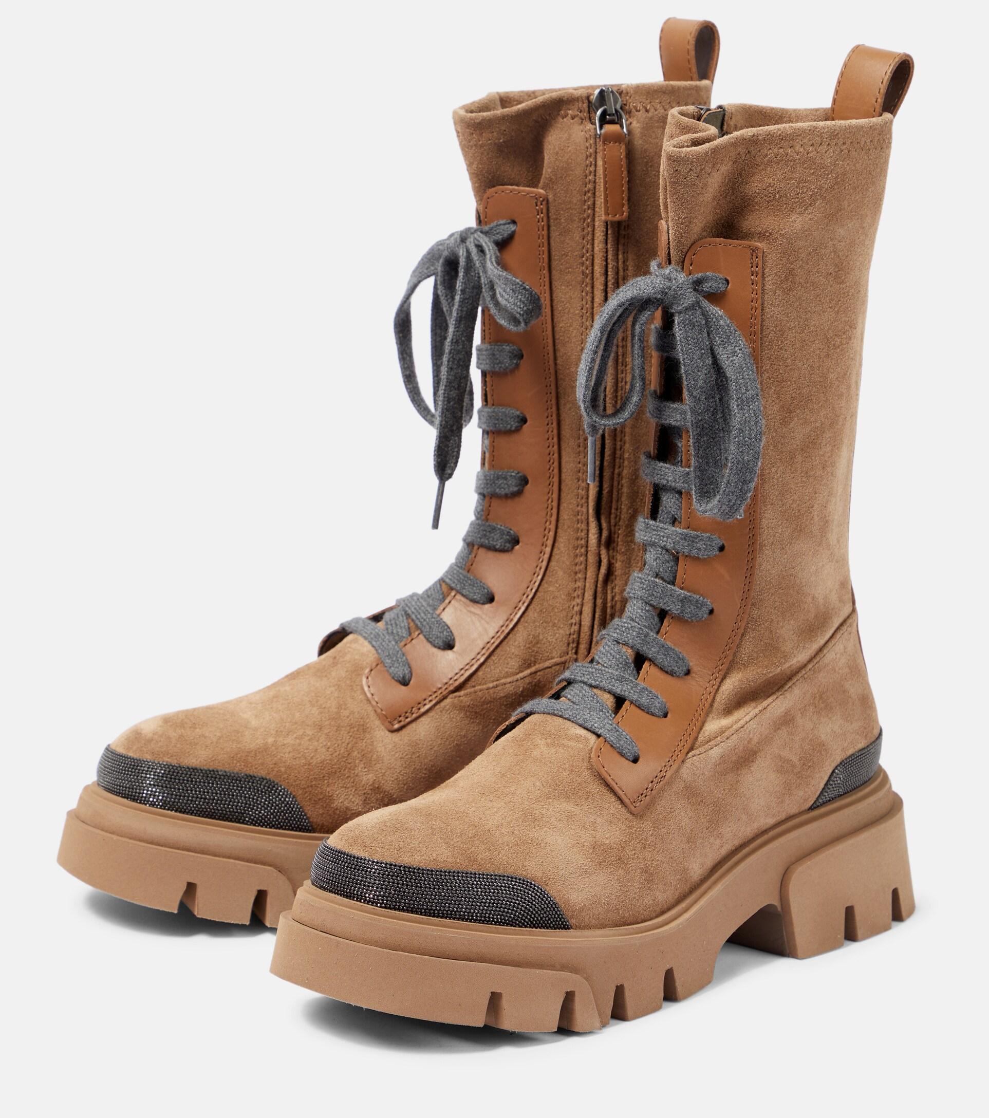 Brunello Cucinelli Embellished Suede Hiking Boots in Brown