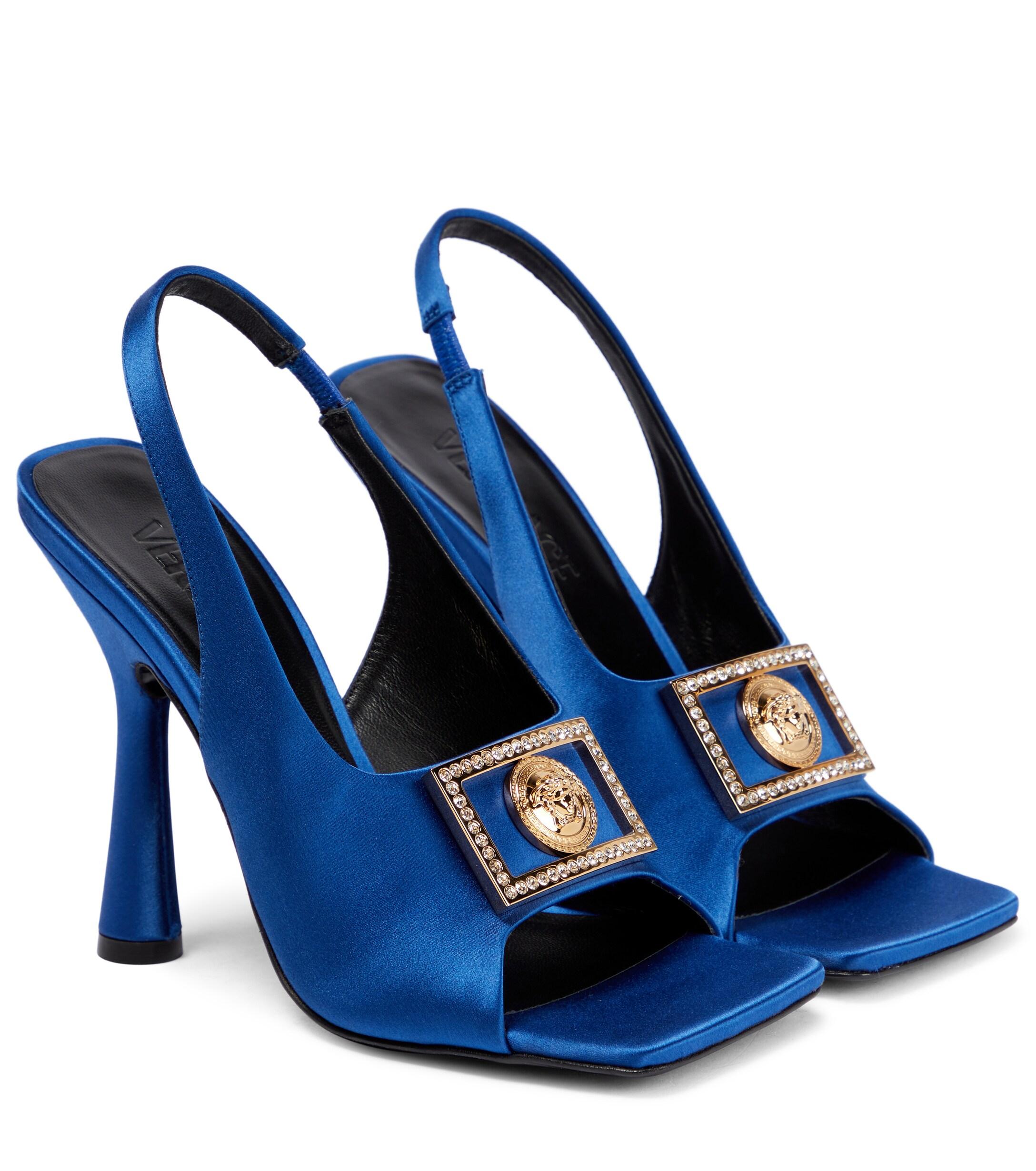 Versace Medusa Satin Slingback Sandals in Blue | Lyst UK