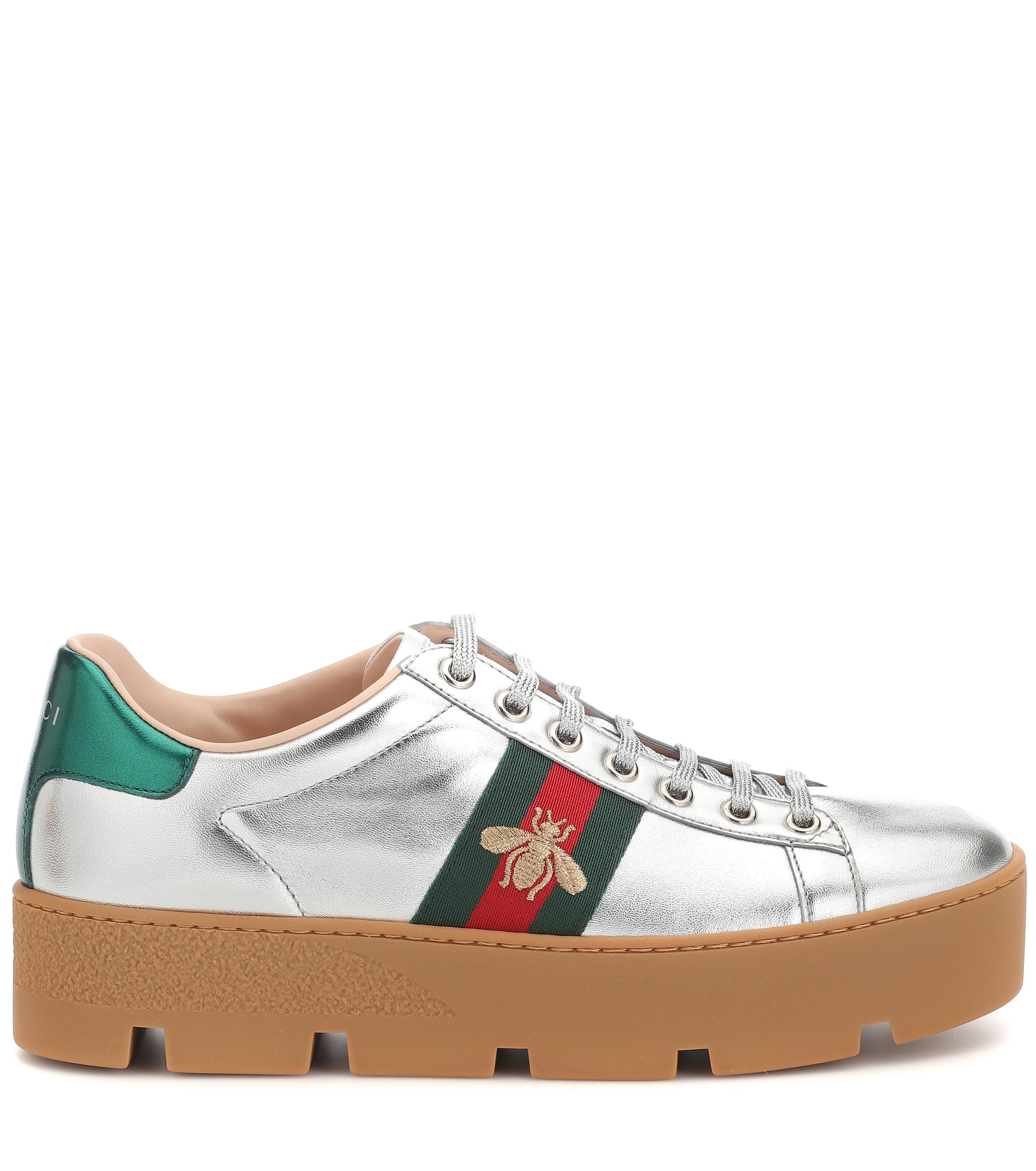 Gucci Ace Leather Platform Sneakers in Silver (Metallic) - Lyst