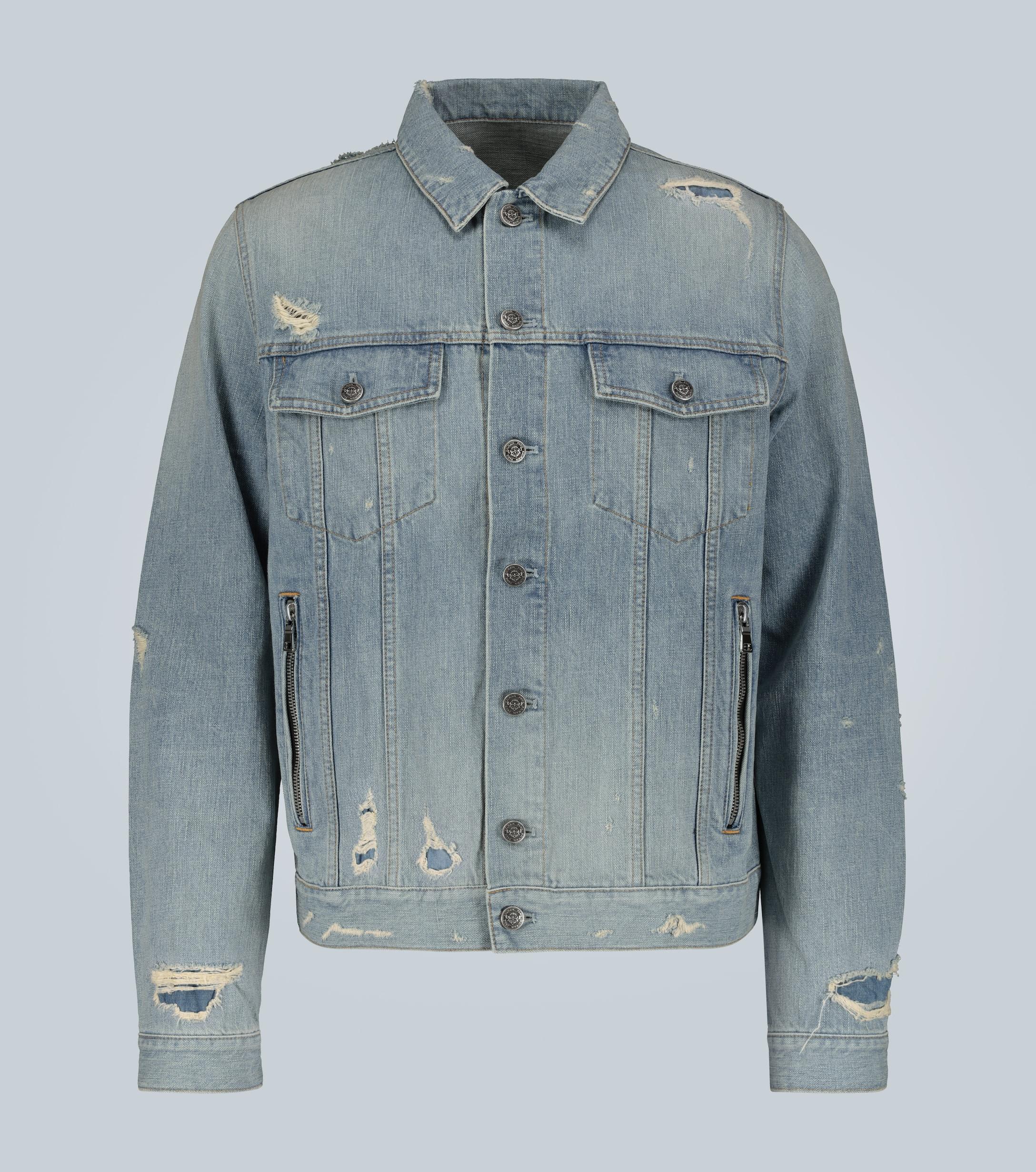 Balmain Distressed Logoembossed Denim Jacket in Light Blue (Blue) for