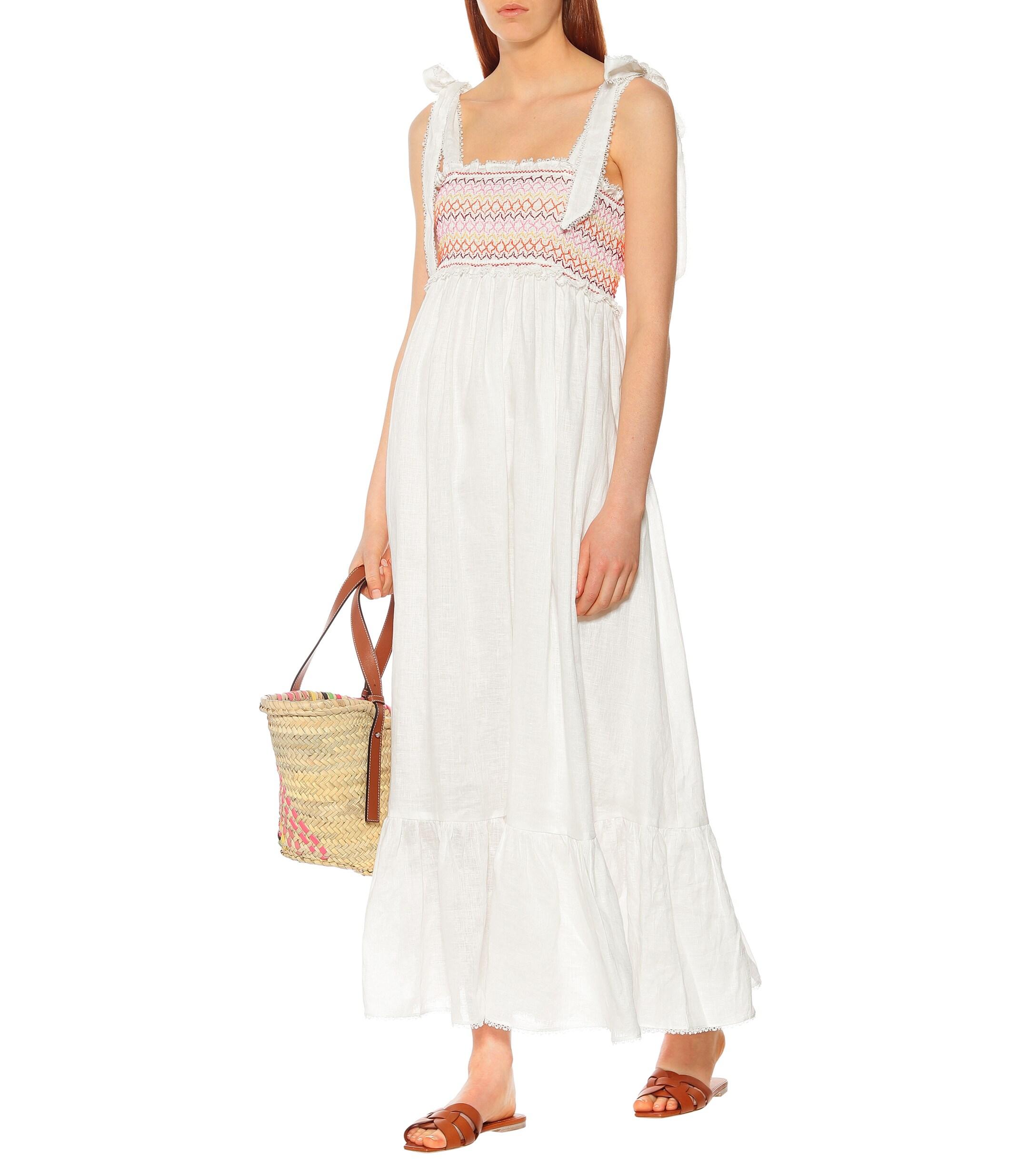 Zimmermann Goldie Embroidered Smocked Linen Maxi Dress in Ivory (White