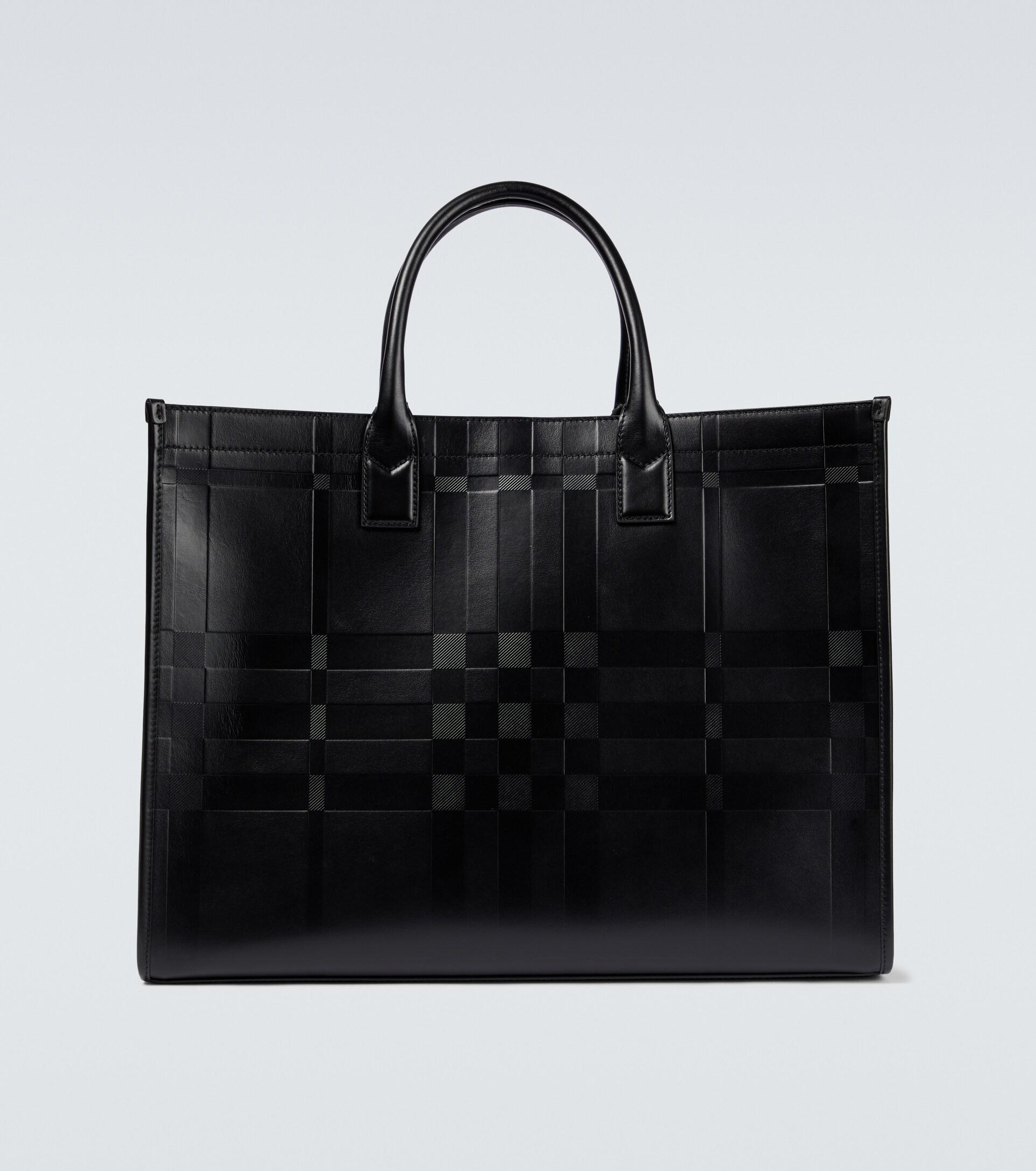 Burberry Leather Checked Tote Bag in Black for Men | Lyst